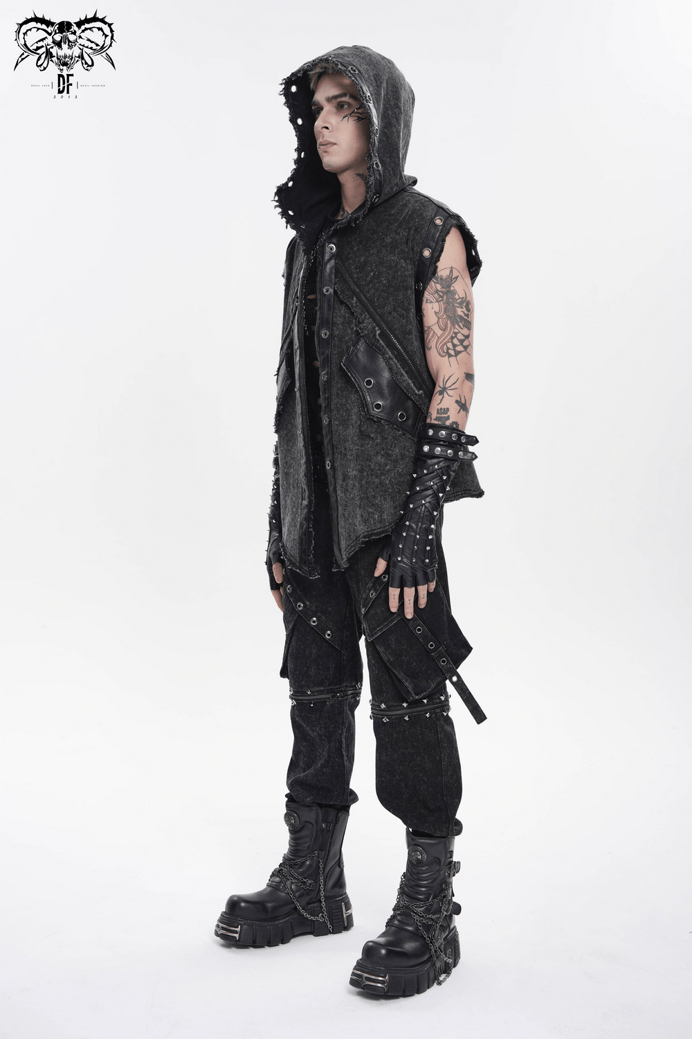 Hooded Punk Denim Vest with Washed Distressed Hem worn by model showcasing urban grunge style with snap details.