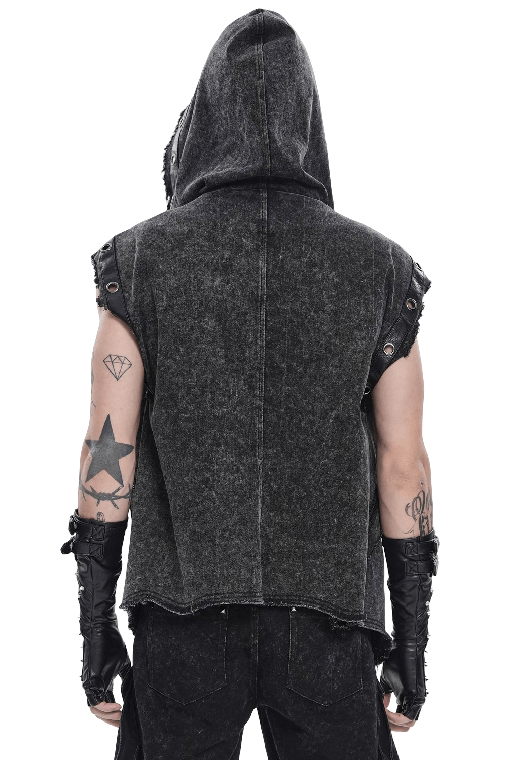 Back view of a Hooded Punk Denim Vest with Washed Distressed Hem showcasing its edgy design and style.