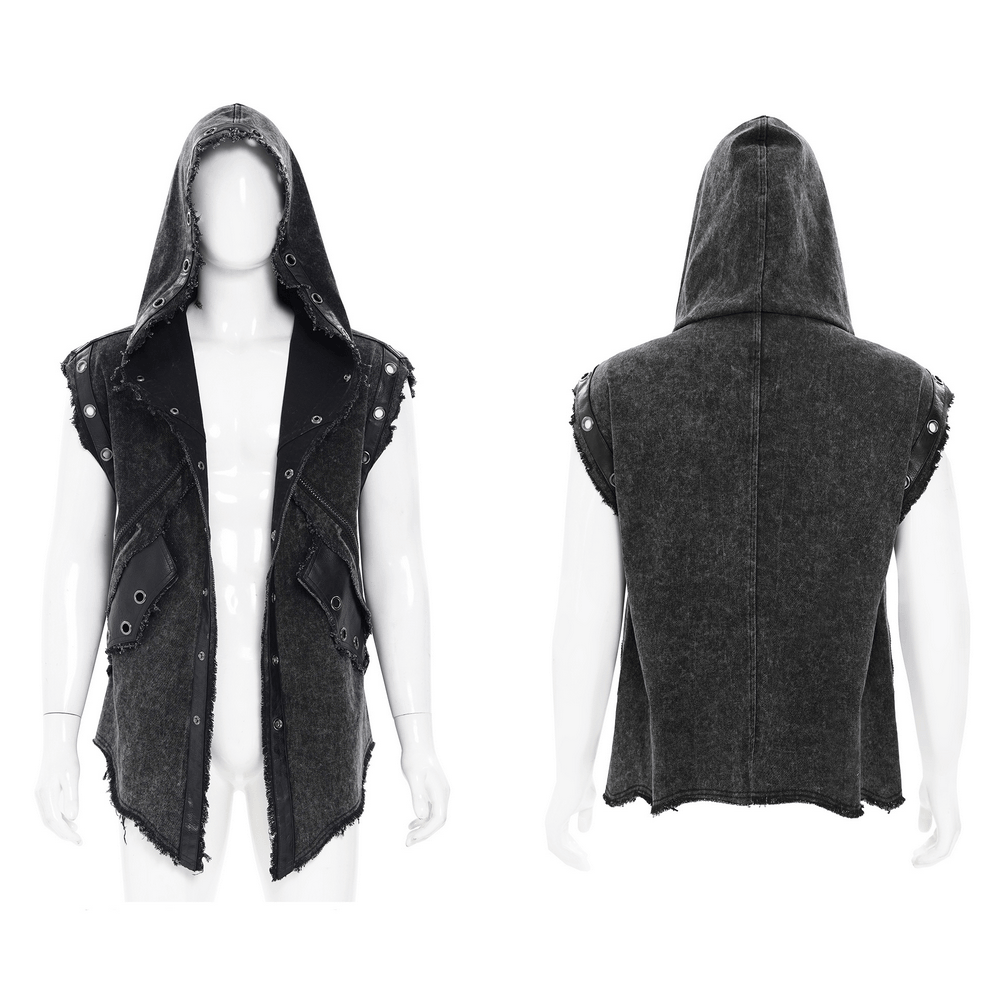 Hooded Punk Denim Vest with Washed Distressed Hem showcasing raw edges and snap details in a black sleeveless design.