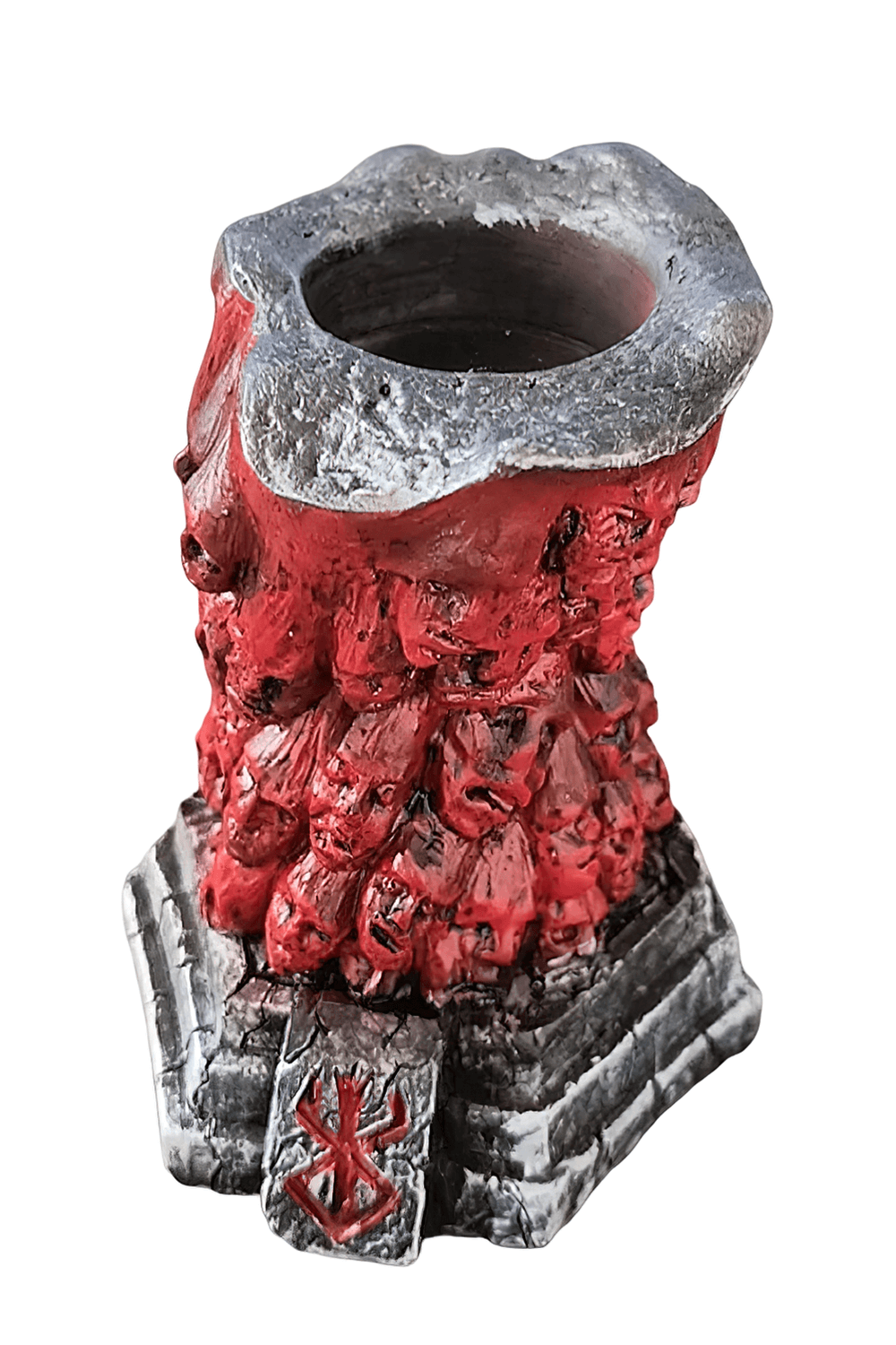 Horror Skull Tealight Holder for Gothic Decor with demonic red column and carved faces.