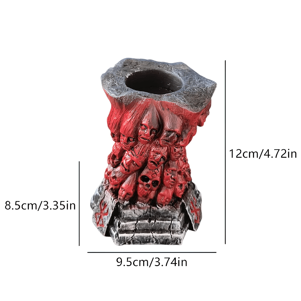 Horror Skull Tealight Holder for Gothic Decor with demonic red column and carved faces for Halloween.