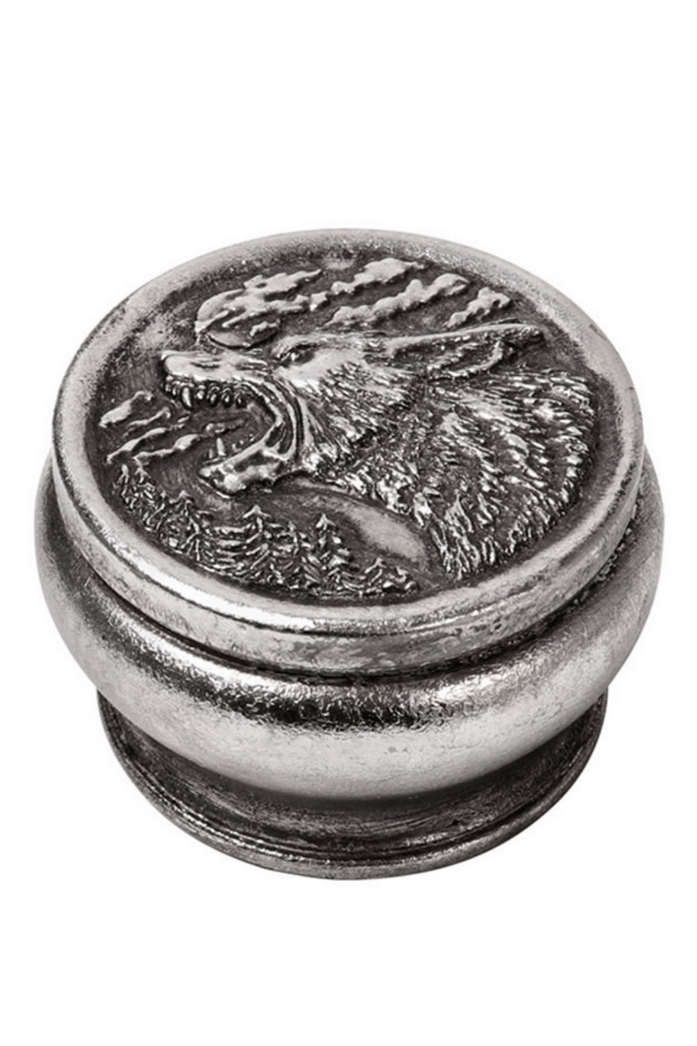 Hour of the Wolf round trinket box with a fierce howling wolf lid, perfect for storing keepsakes.