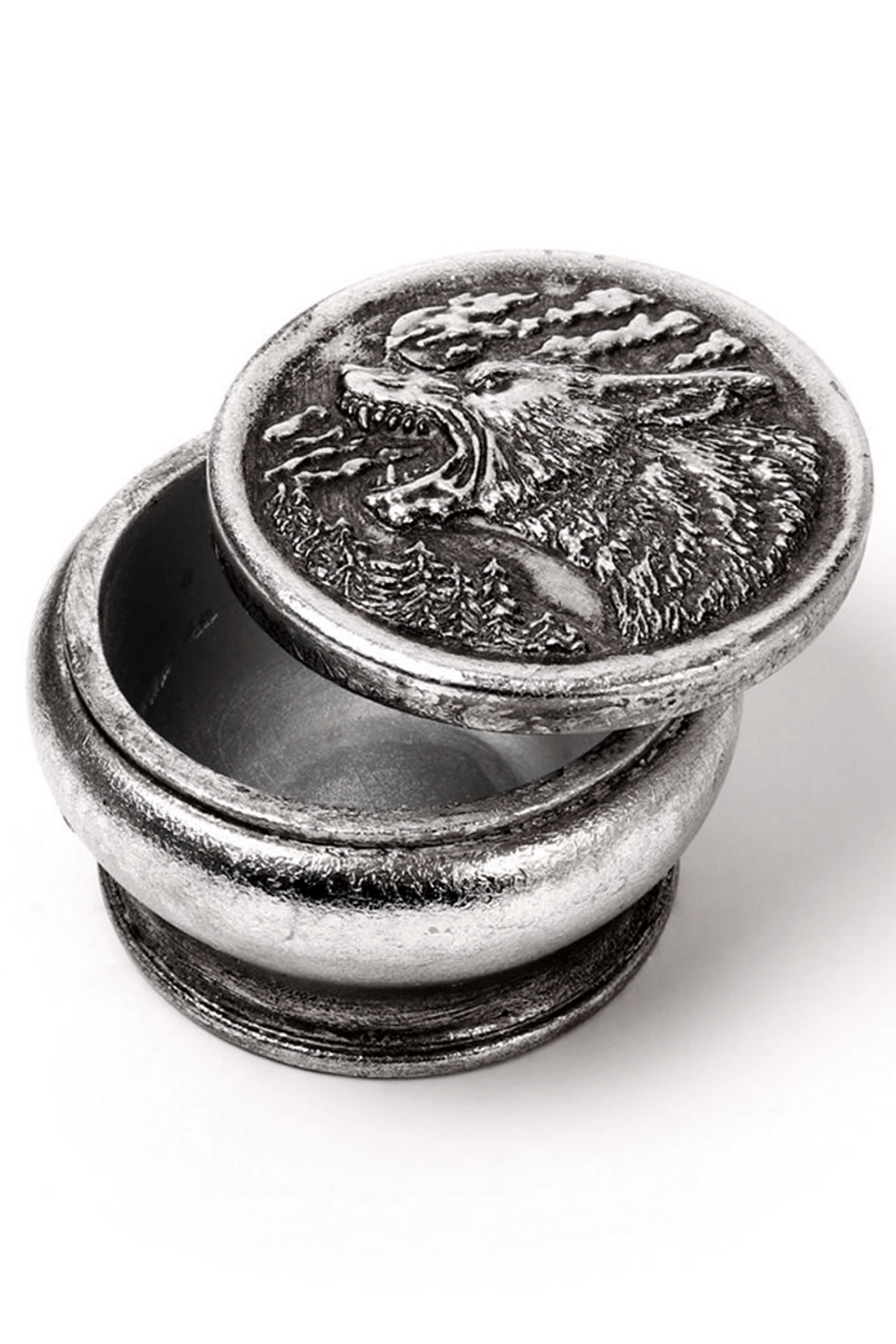 Moonlit werewolf round trinket box in durable resin, perfect for keepsakes and gothic decor.