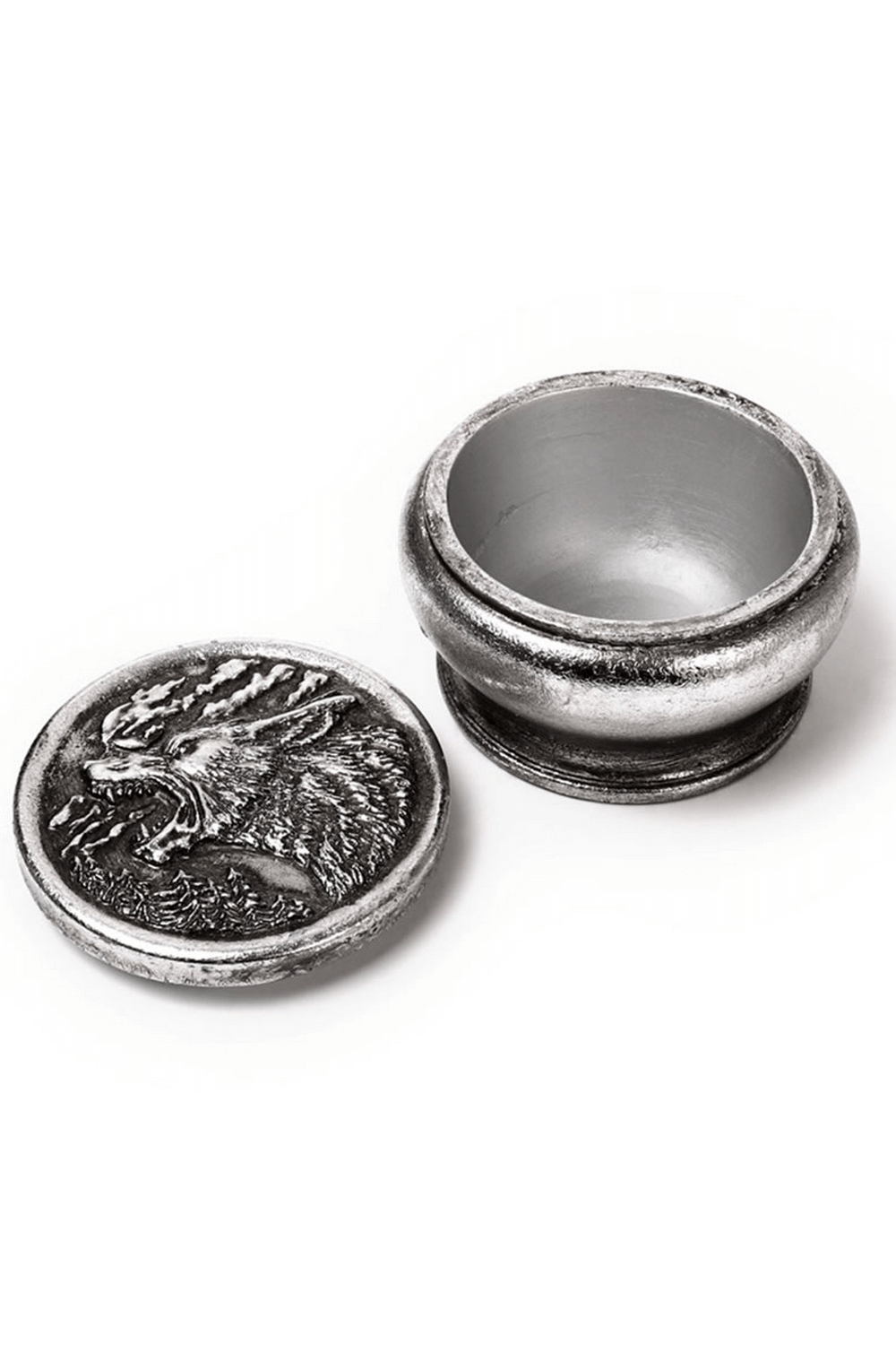 Silver round trinket box with howling wolf lid, perfect for mystical keepsakes and gothic decor.