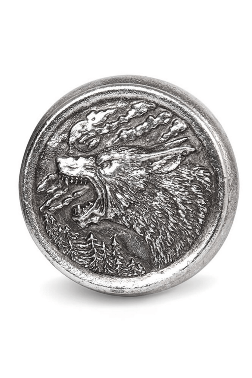 Silver round trinket featuring a fierce howling wolf design, perfect for werewolf enthusiasts and gothic decor.