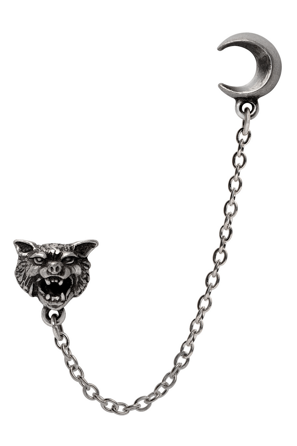 Gothic Howl Stud Earring featuring a wolf head and crescent moon in antiqued pewter for multiple piercings.