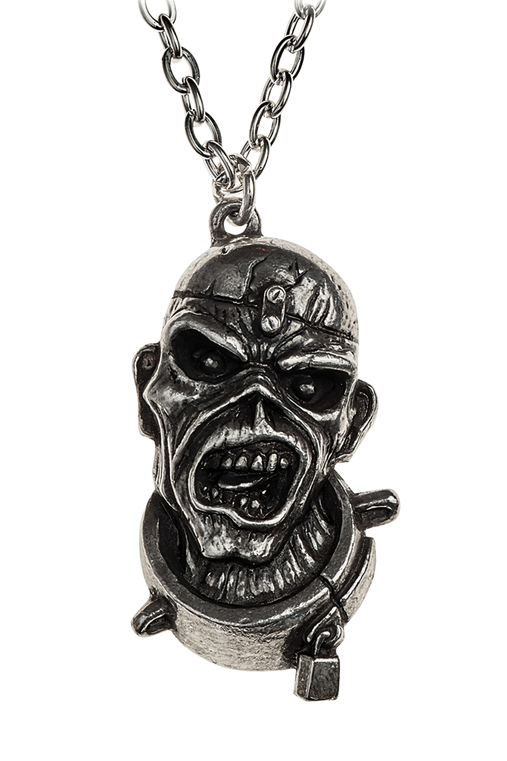 Eddie pendant necklace in antiqued pewter, inspired by Iron Maiden's Piece of Mind album artwork.