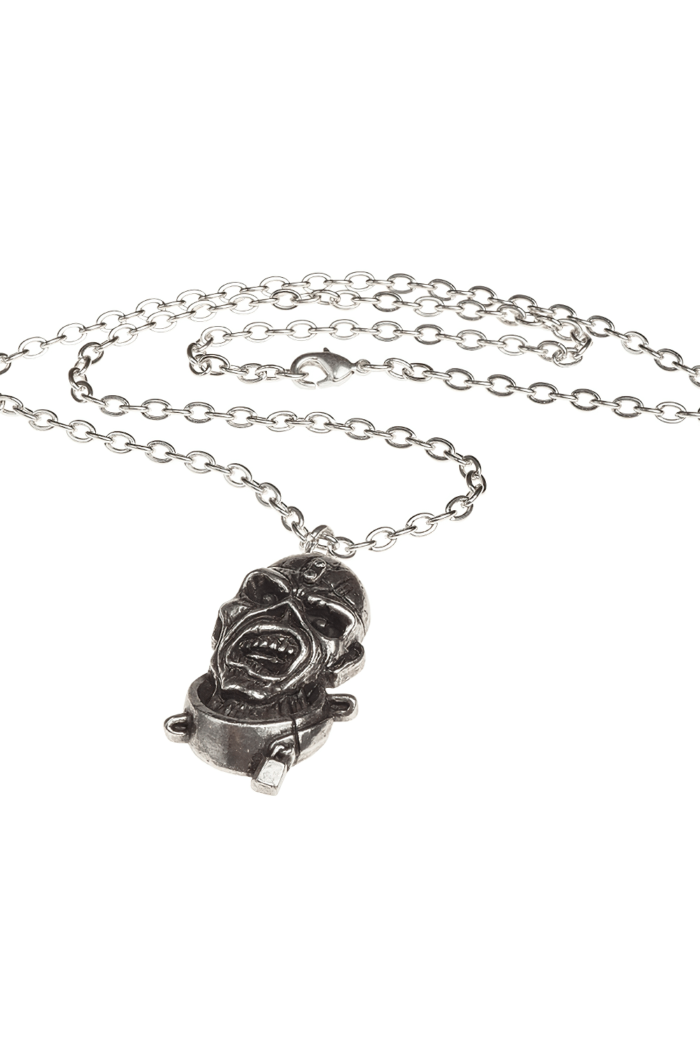 Iconic Iron Maiden Eddie pendant necklace in antiqued pewter, inspired by 'Piece of Mind' album art.