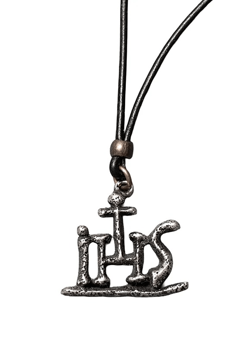 IHS Christogram Pewter Amulet Gothic Pendant Necklace on black cord, gray pewter symbol of Jesus, ancient talisman.
