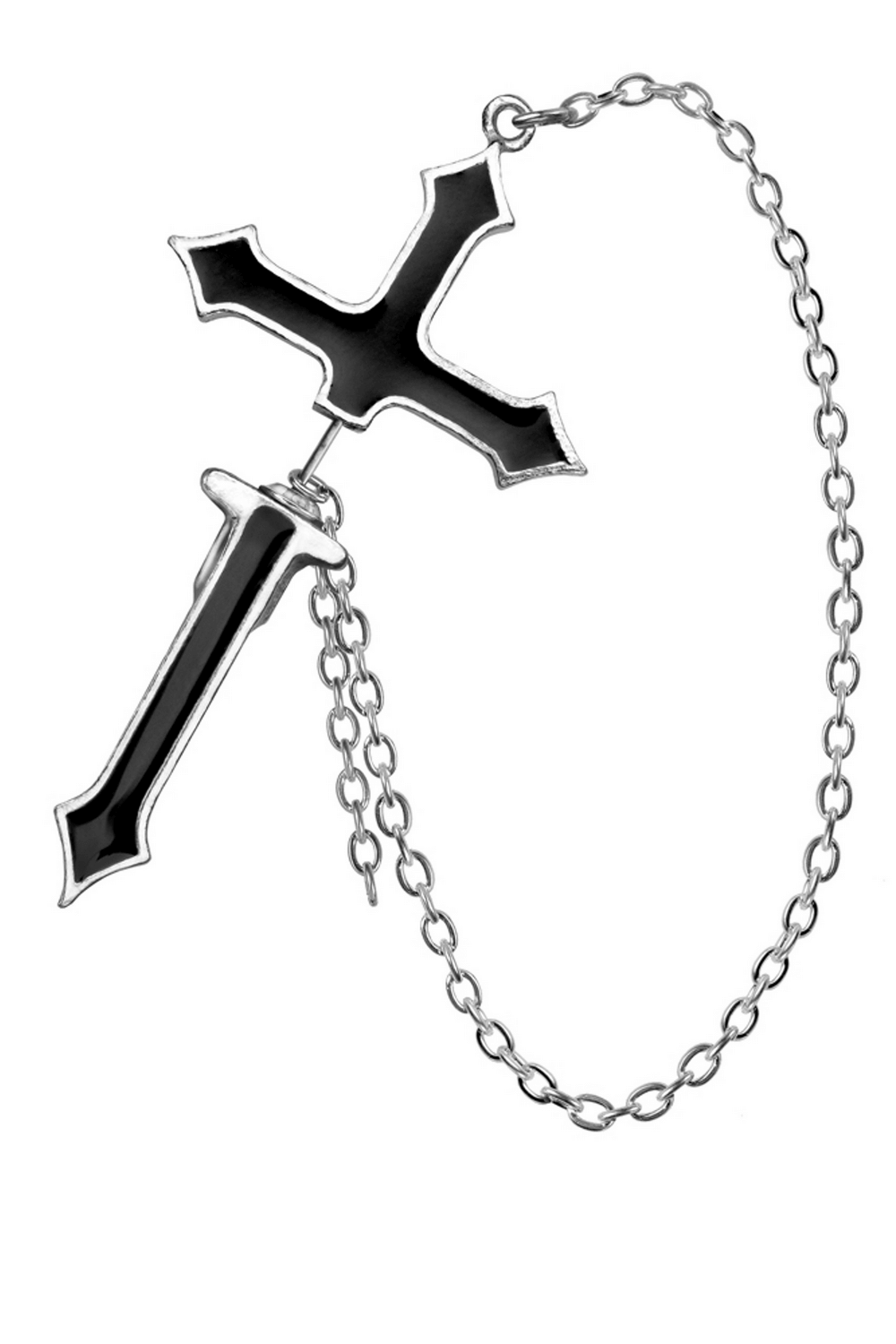 Gothic Impalare Cross Earring with faux black enamel and safety chain for edgy jewelry lovers.