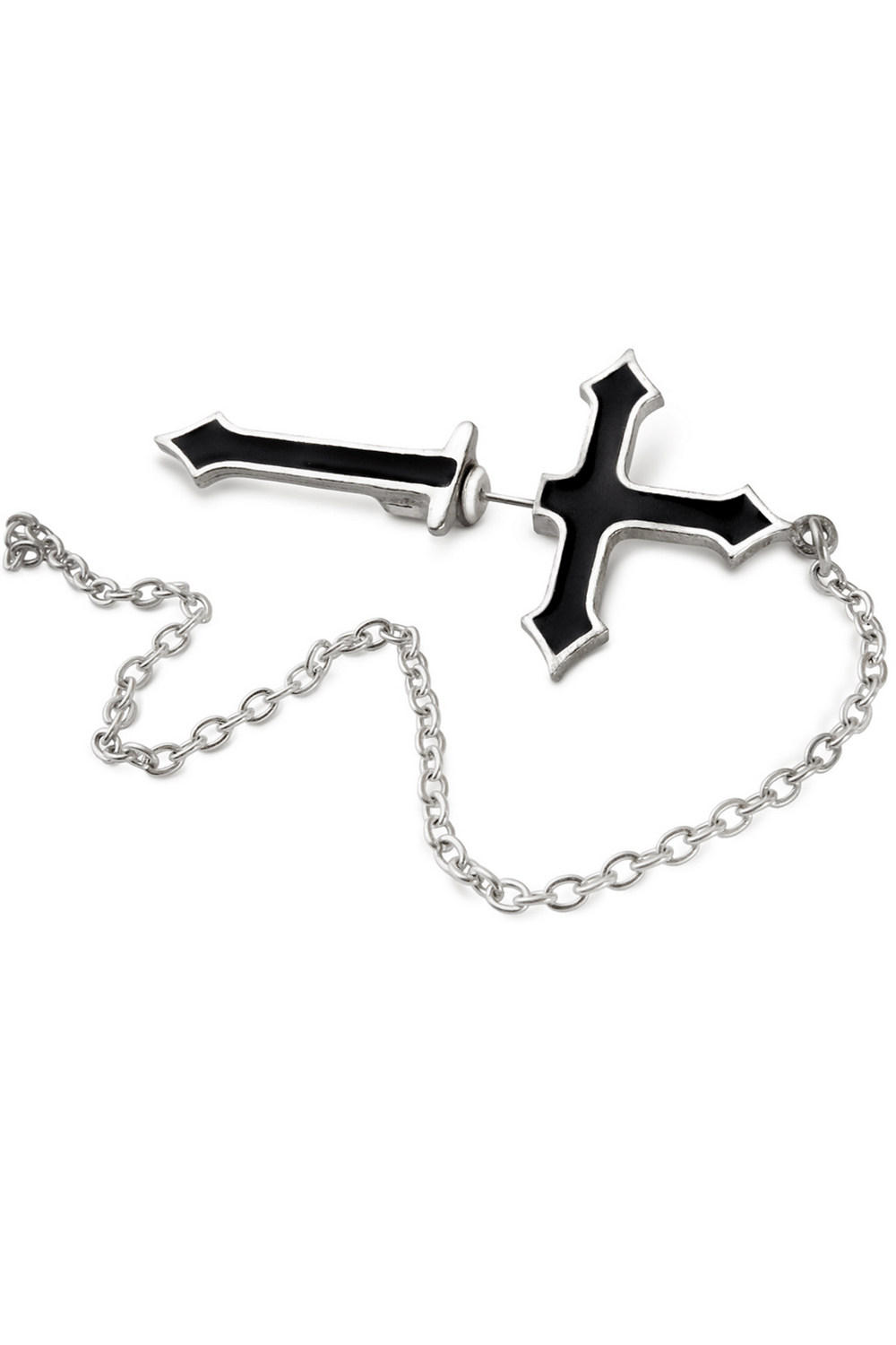 Gothic Impalare cross earring with faux black enamel and safety chain, perfect for bold jewelry lovers.