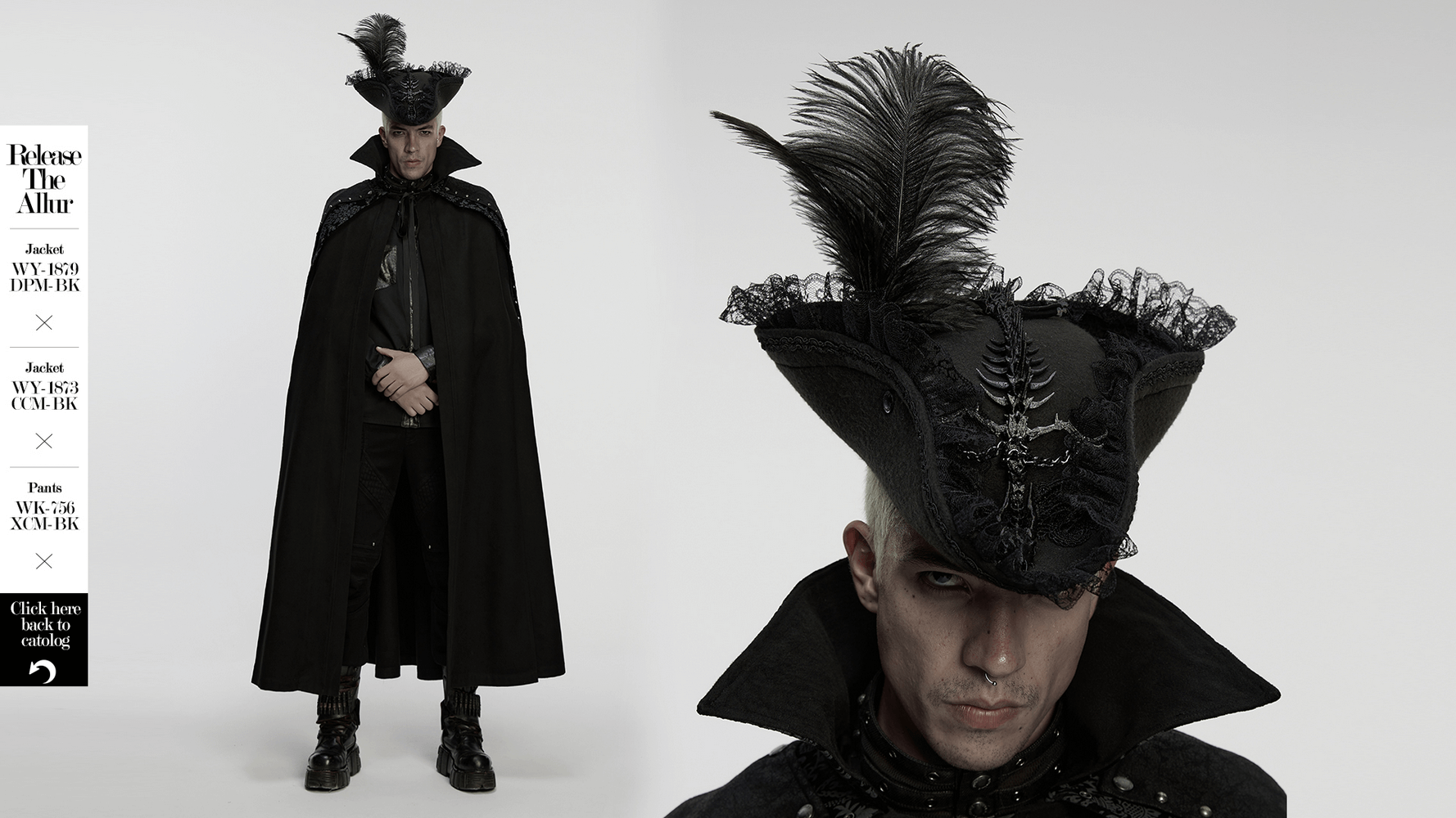 Imprisoned Beast Bone Pirate Hat with Gothic Lace Details worn by a model in a dramatic black outfit.