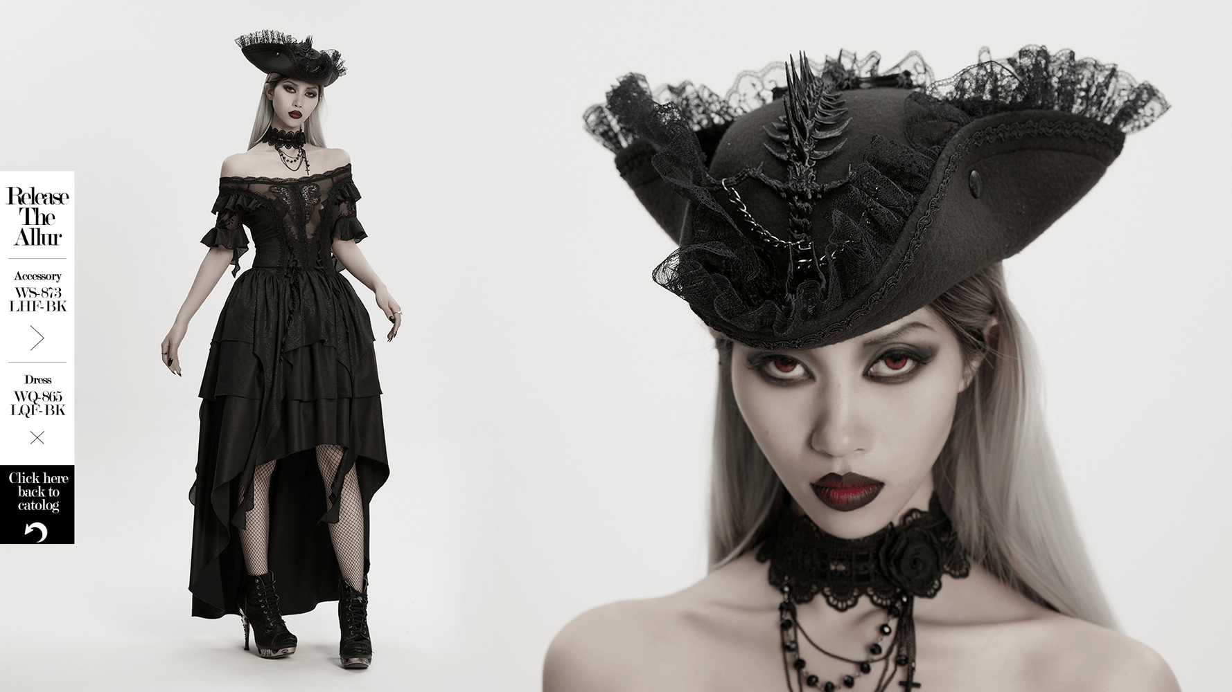 Imprisoned Beast Bone Pirate Hat with Gothic Lace Details worn by model in elegant black attire.