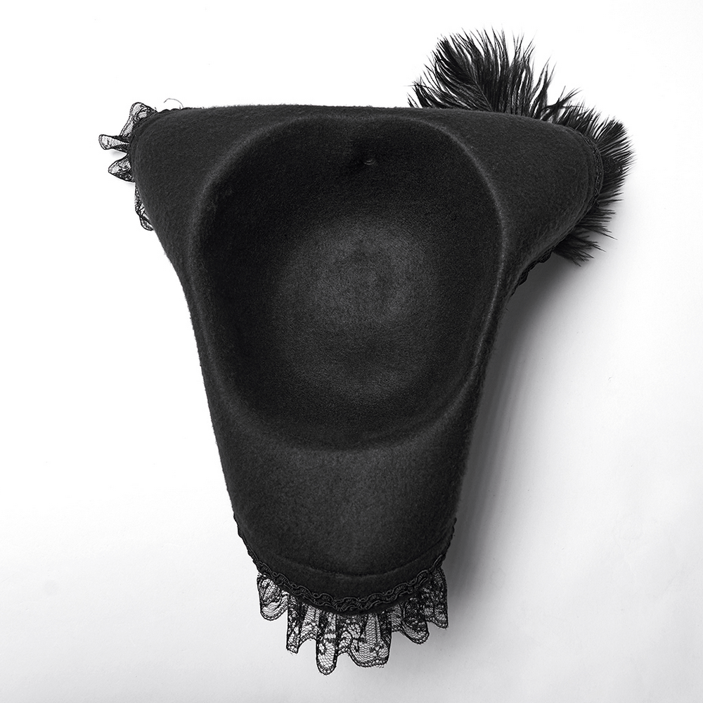 Imprisoned Beast Bone Pirate Hat with Gothic Lace Details, showcasing lace trim and feather accent.