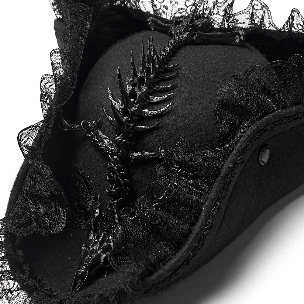 Imprisoned Beast Bone Pirate Hat with Gothic Lace Details showcasing intricate lace and bone design.