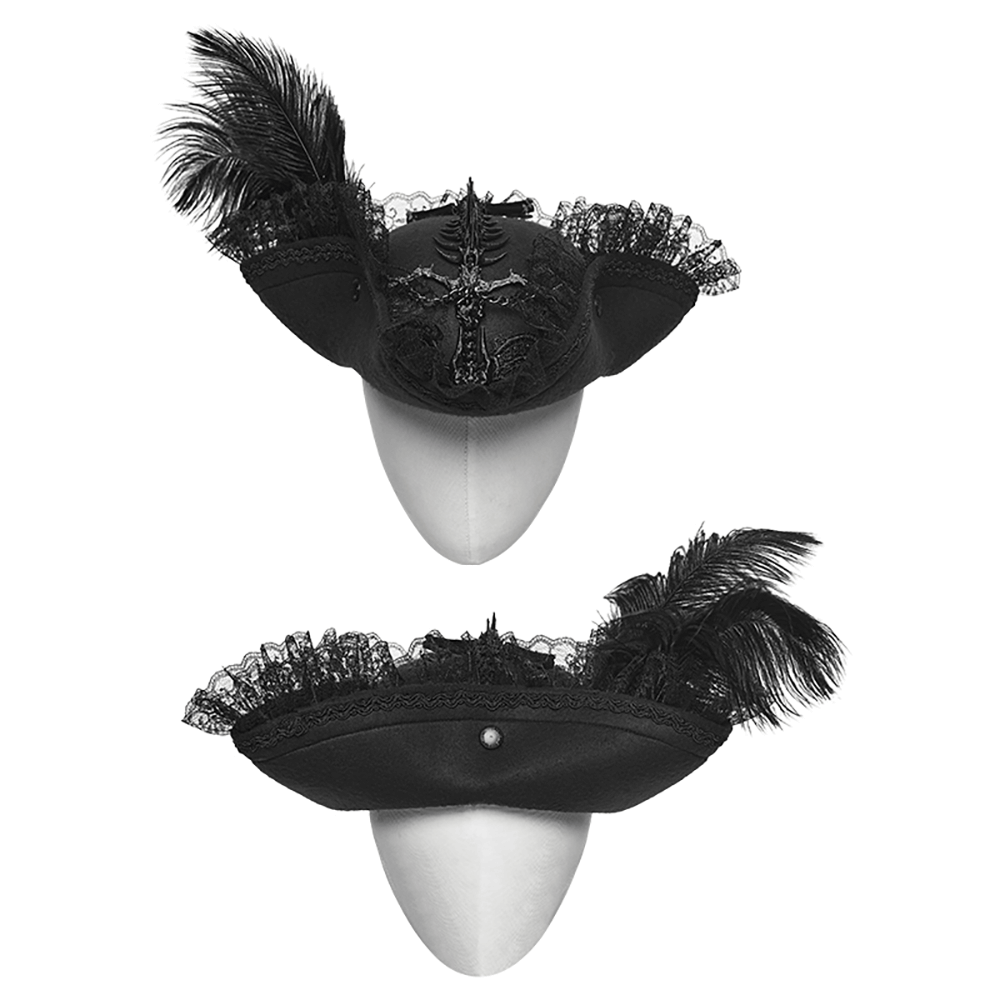 Imprisoned Beast Bone Pirate Hat with Gothic Lace Details, featuring lace and feathers for a striking Gothic look.