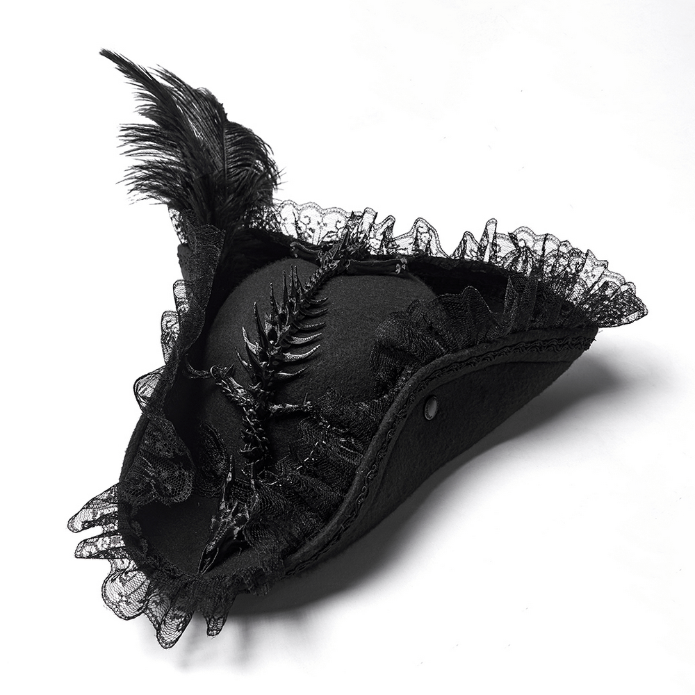 Imprisoned Beast Bone Pirate Hat with Gothic Lace Details featuring lace and feathers.