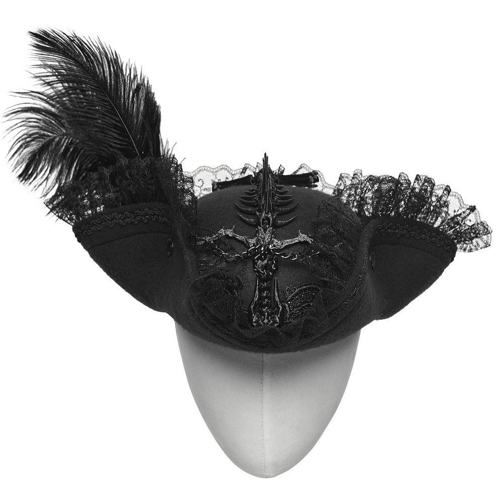 Imprisoned Beast Bone Pirate Hat with Gothic Lace Details featuring feathers and lace accents.