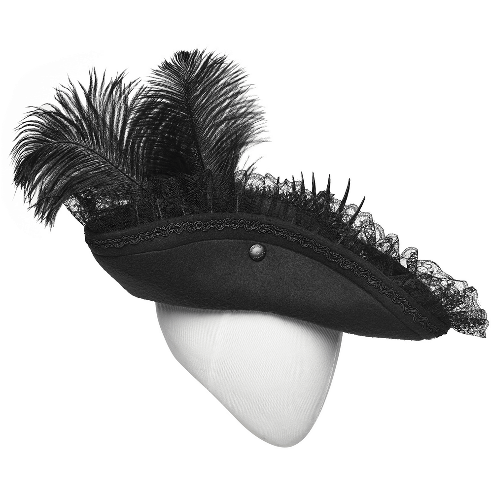 Imprisoned Beast Bone Pirate Hat with Gothic Lace Details showcasing lace and feathers.