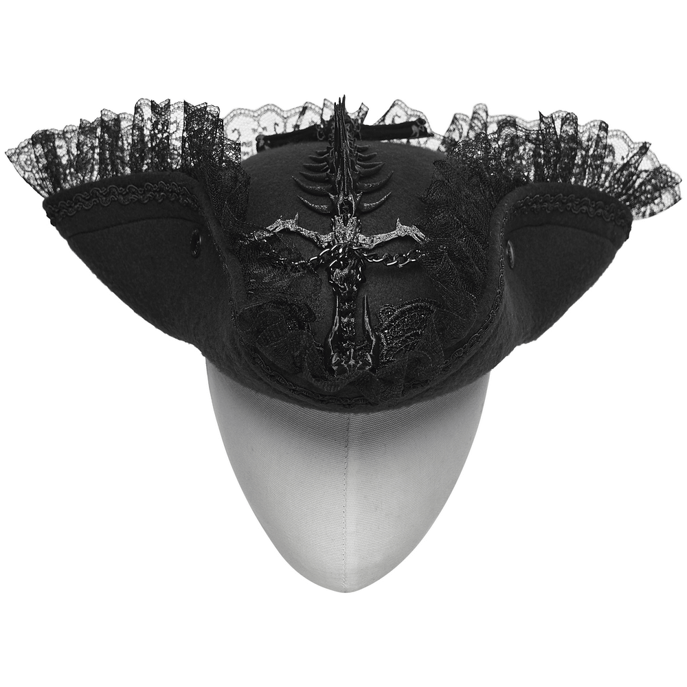 Imprisoned Beast Bone Pirate Hat with Gothic Lace Details featuring lace and feather embellishments.