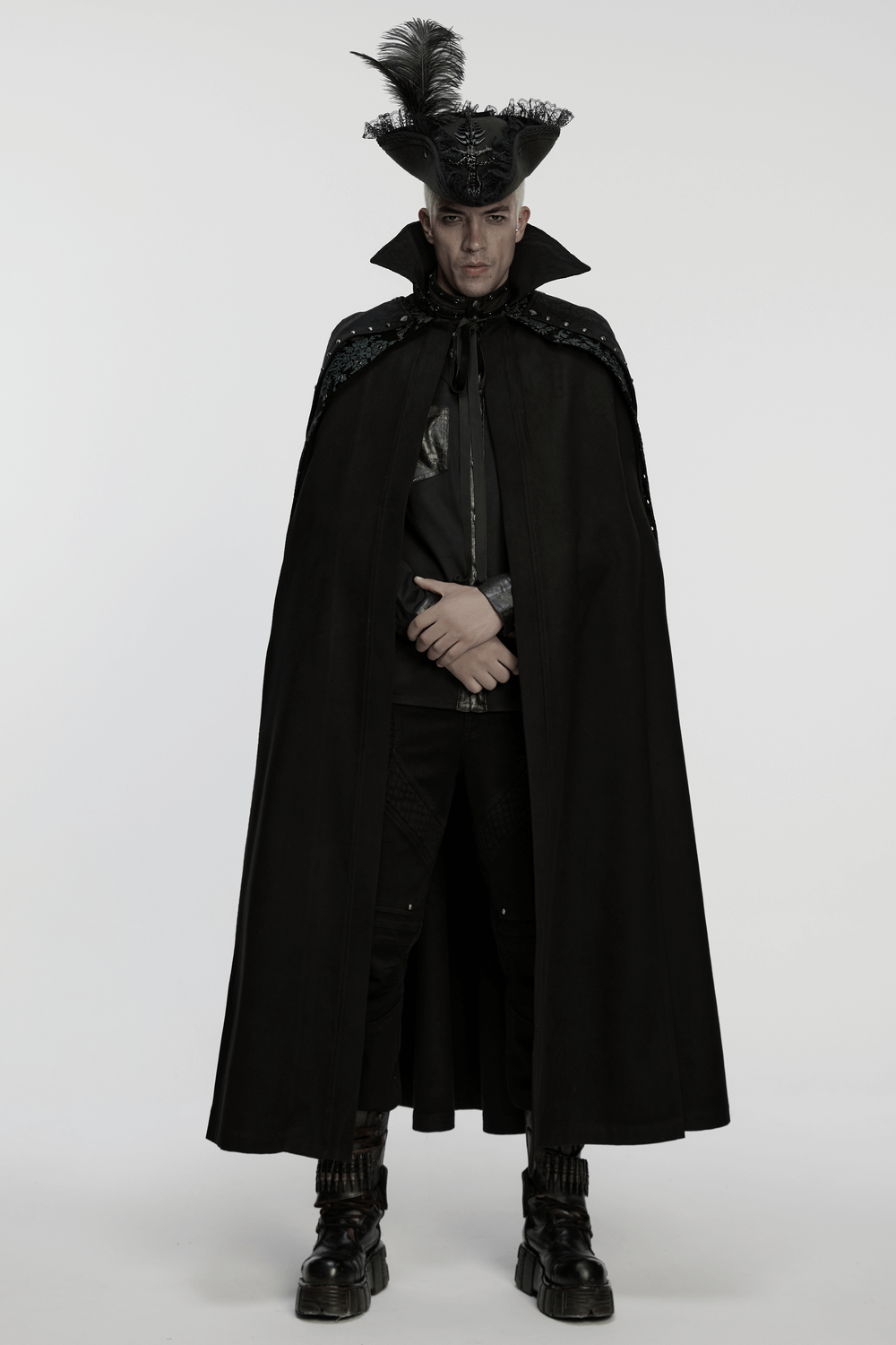 Imprisoned Beast Bone Pirate Hat with Gothic Lace Details worn with a dramatic black cape and stylish accessories.