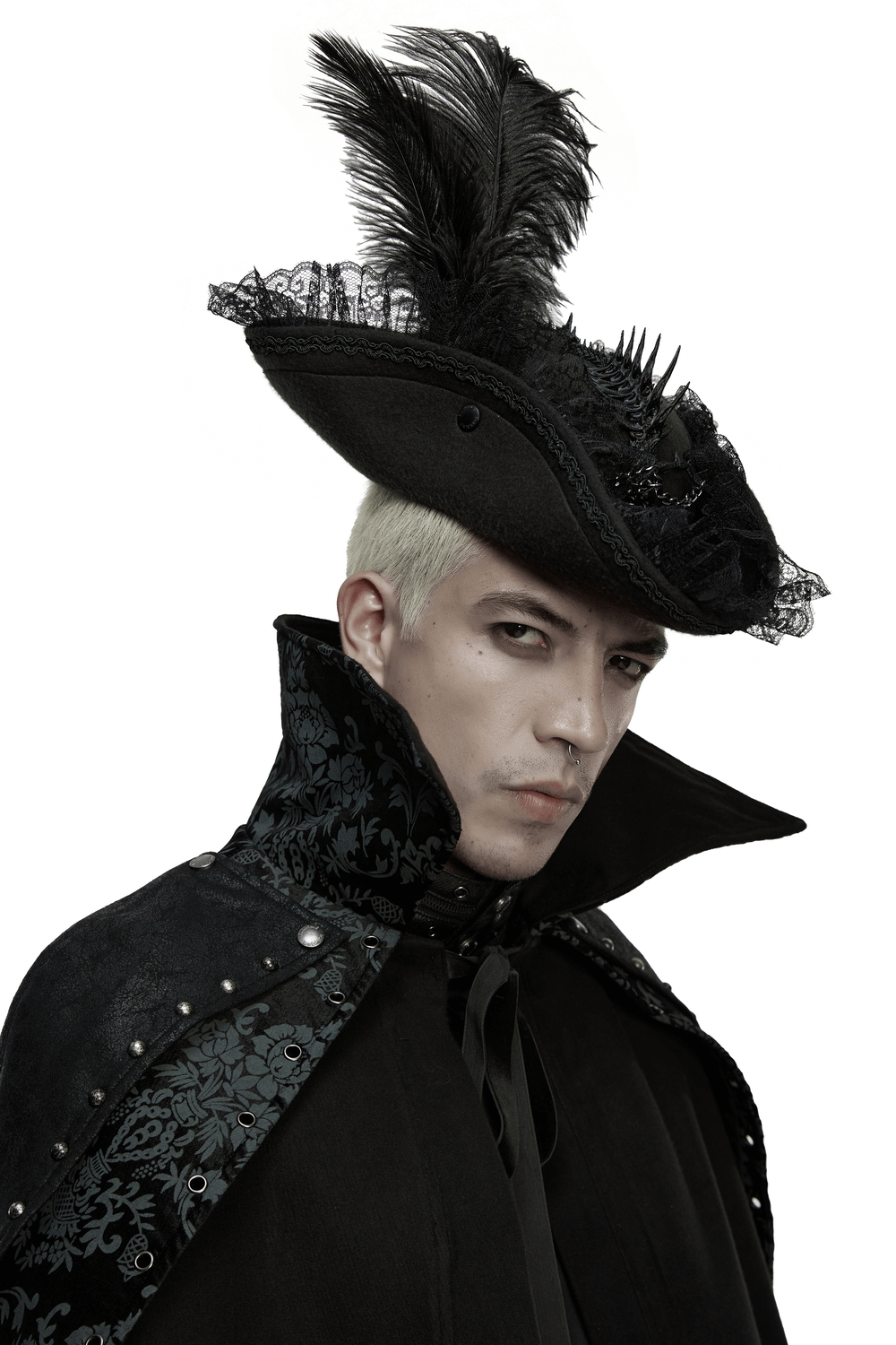 Imprisoned Beast Bone Pirate Hat with Gothic Lace Details worn by model showcasing its design and elegance.