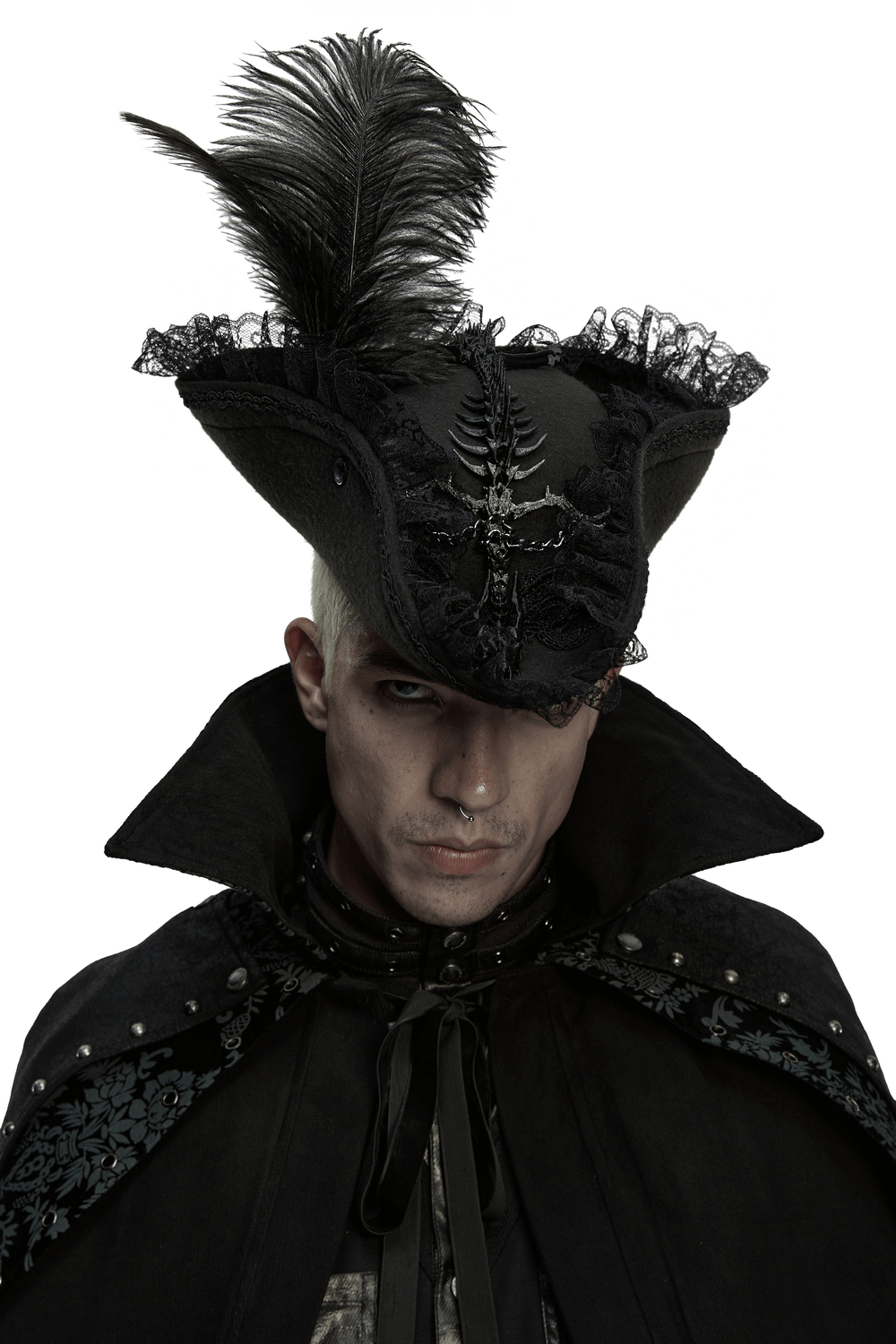 Imprisoned Beast Bone Pirate Hat with Gothic Lace Details worn by a model with a dramatic expression.