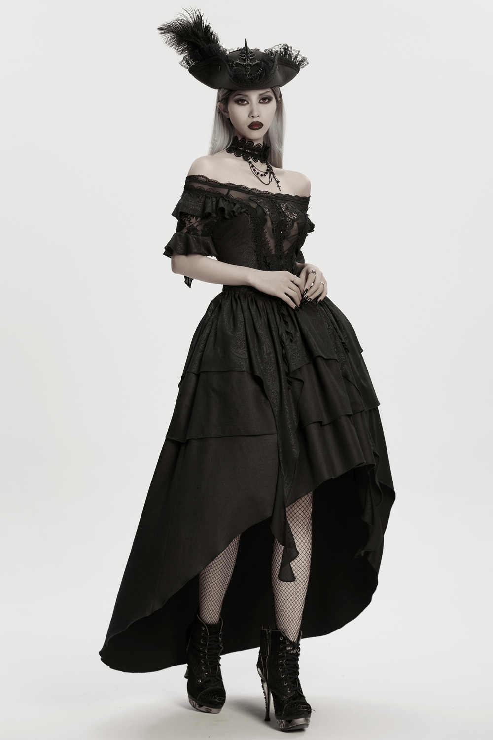 Imprisoned Beast Bone Pirate Hat with Gothic Lace Details worn by a model in a dramatic black outfit.