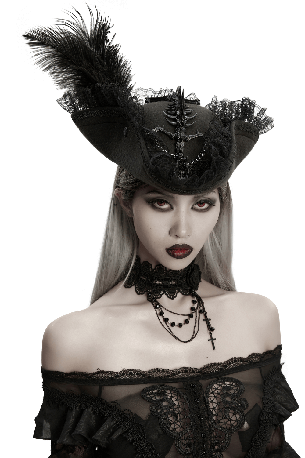 Imprisoned Beast Bone Pirate Hat with Gothic Lace Details worn by model with lace outfit and dark makeup.