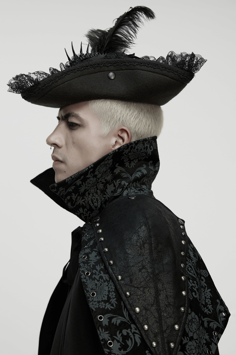 Imprisoned Beast Bone Pirate Hat with Gothic Lace Details worn by a model showcasing its unique design and Gothic flair.