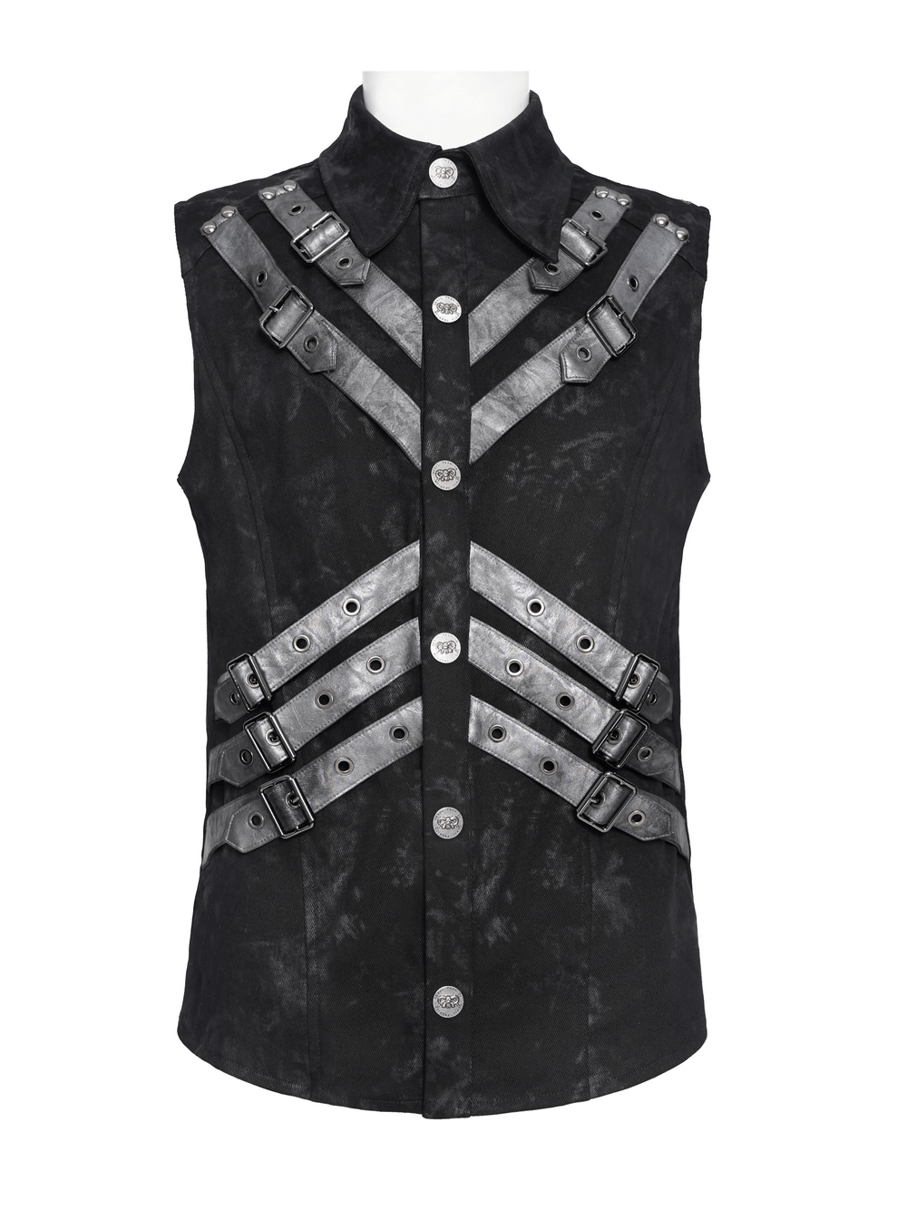 Industrial Gothic Buckle Strap Sleeveless Shirt featuring harness straps and a stylish distressed black finish.