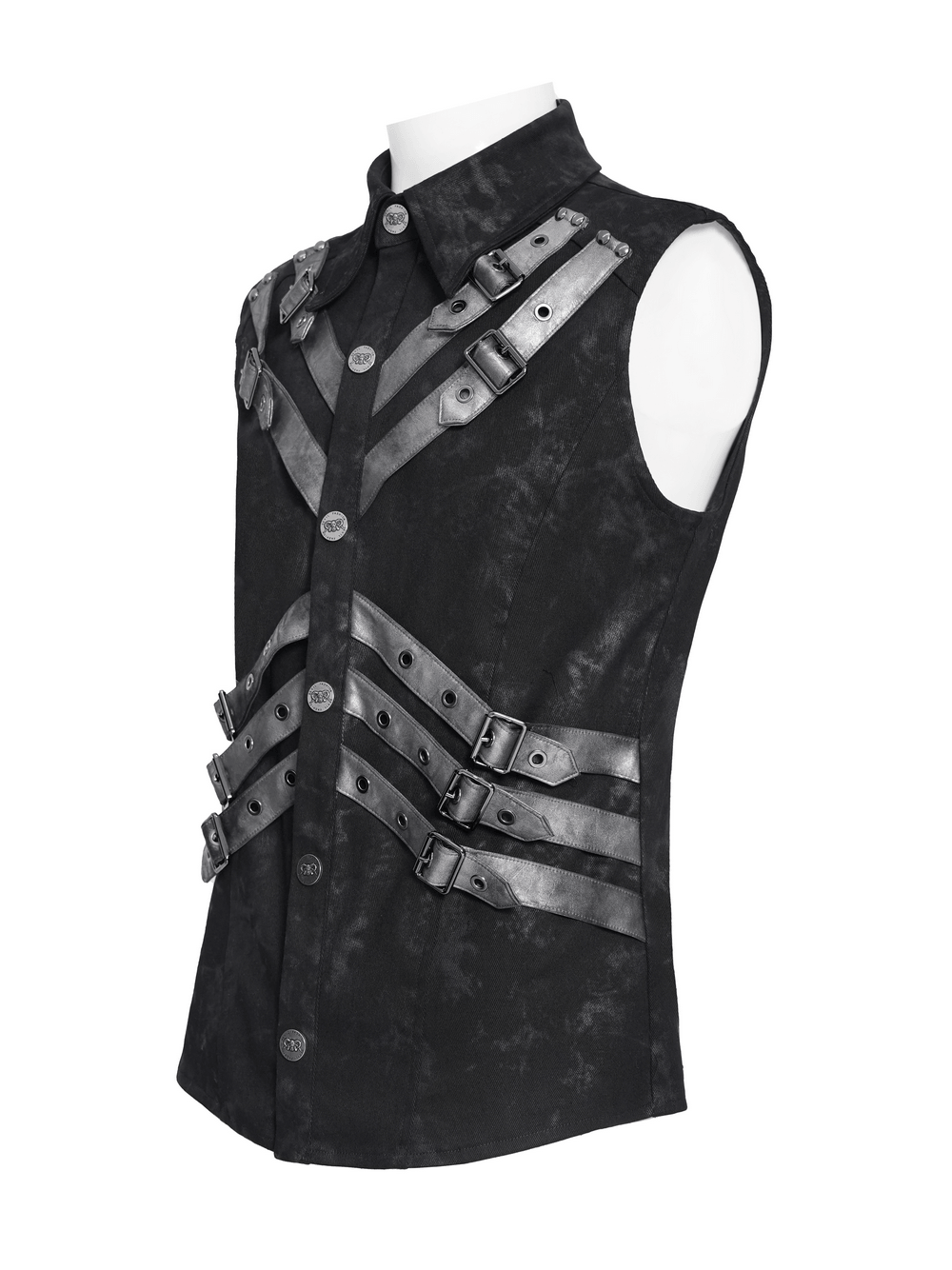 Industrial Gothic Buckle Strap Sleeveless Shirt with harness style straps and distressed black finish