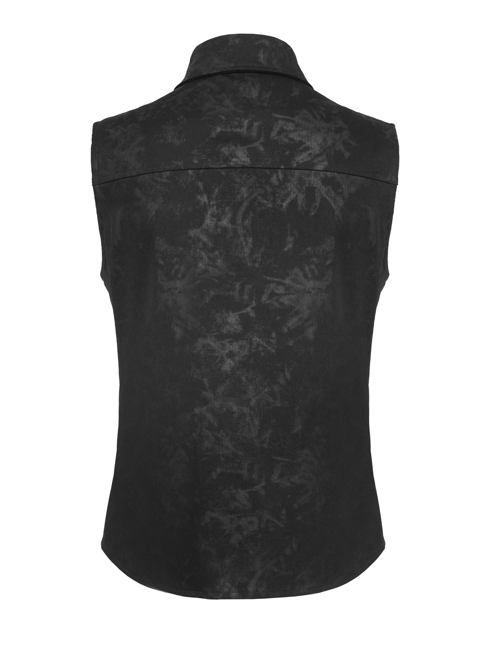 Back view of Industrial Gothic Buckle Strap Sleeveless Shirt in distressed black finish.