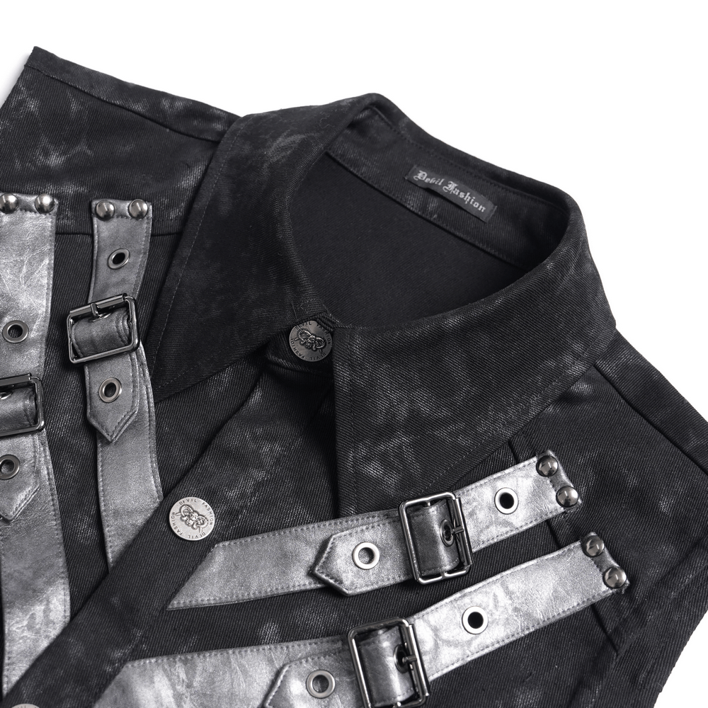 Industrial Gothic Buckle Strap Sleeveless Shirt with harness style straps and pointed collar in distressed black finish.