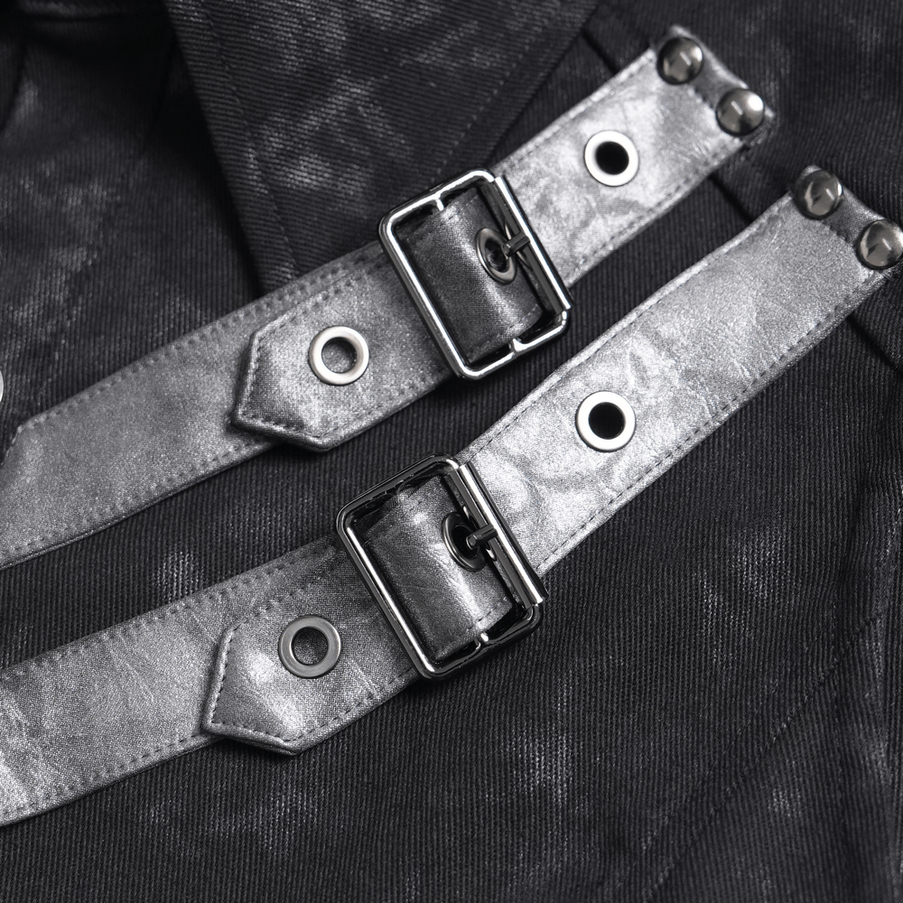 Close-up of Industrial Gothic Buckle Strap Sleeveless Shirt showcasing layered buckle straps and metallic details.