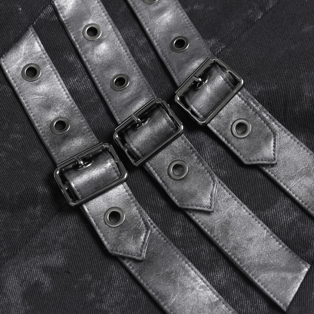 Industrial Gothic Buckle Strap Sleeveless Shirt close-up of layered buckle straps and metal buttons for punk styling.
