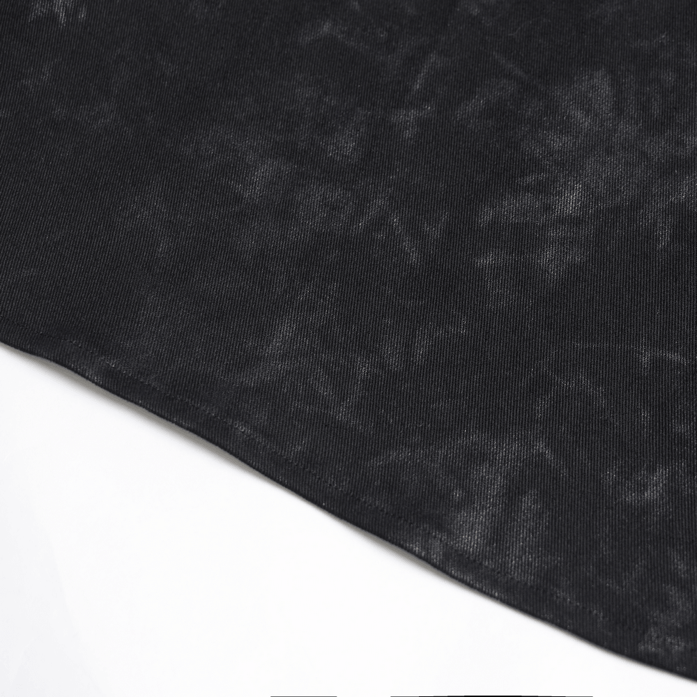 Industrial Gothic Buckle Strap Sleeveless Shirt fabric detail showing distressed black finish and textured surface.