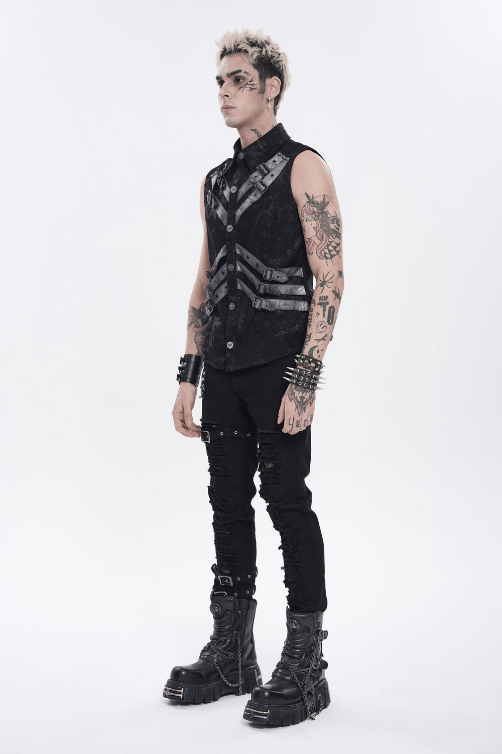 Industrial Gothic Buckle Strap Sleeveless Shirt in distressed black with metal buttons and harness-style straps.