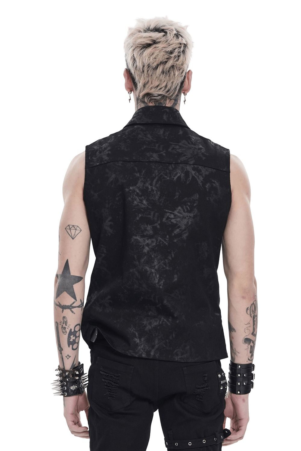 Back view of Industrial Gothic Buckle Strap Sleeveless Shirt, showcasing the distressed black finish and tailored fit.