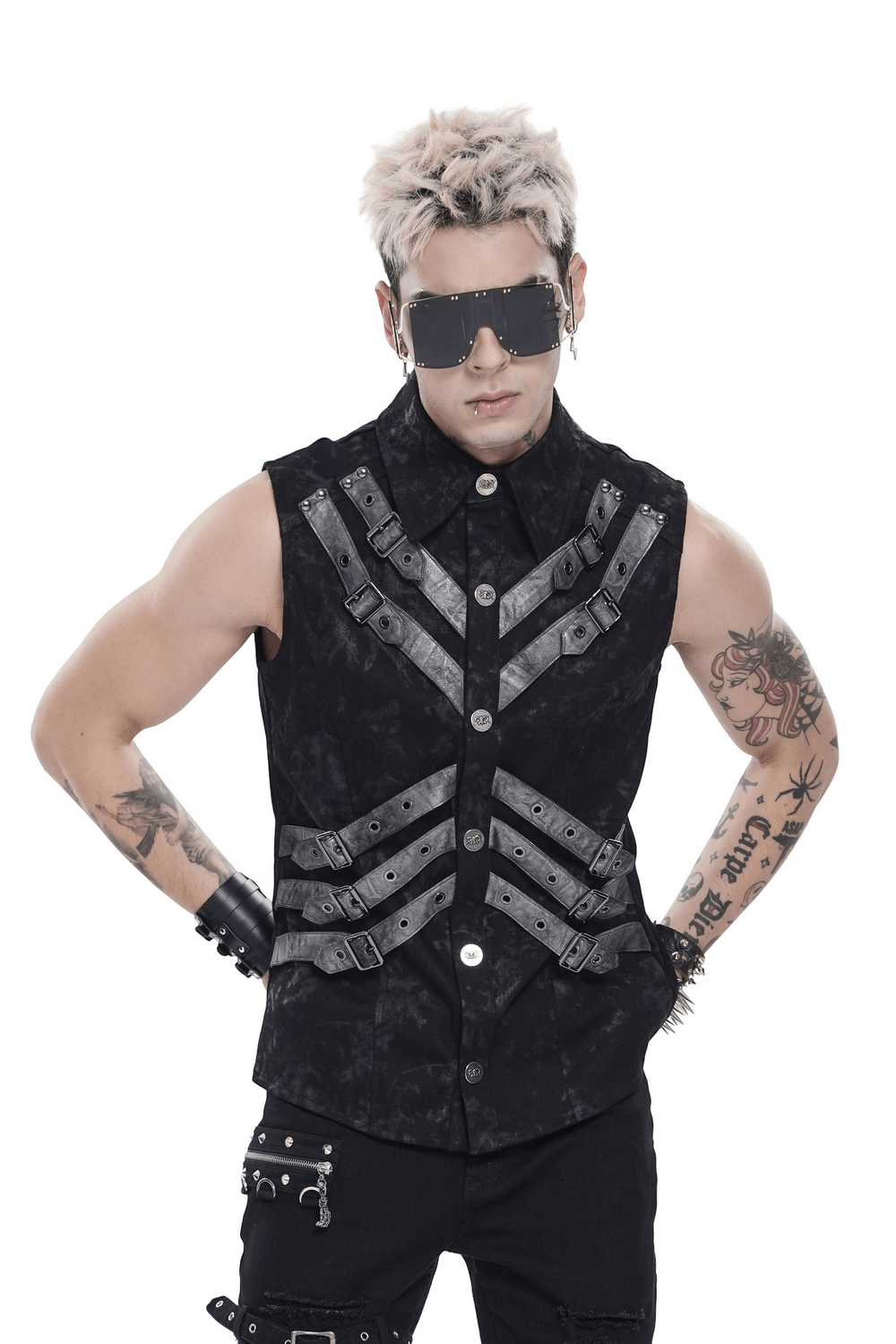 Industrial Gothic Buckle Strap Sleeveless Shirt worn by a model, featuring punk harness straps and a distressed black finish.