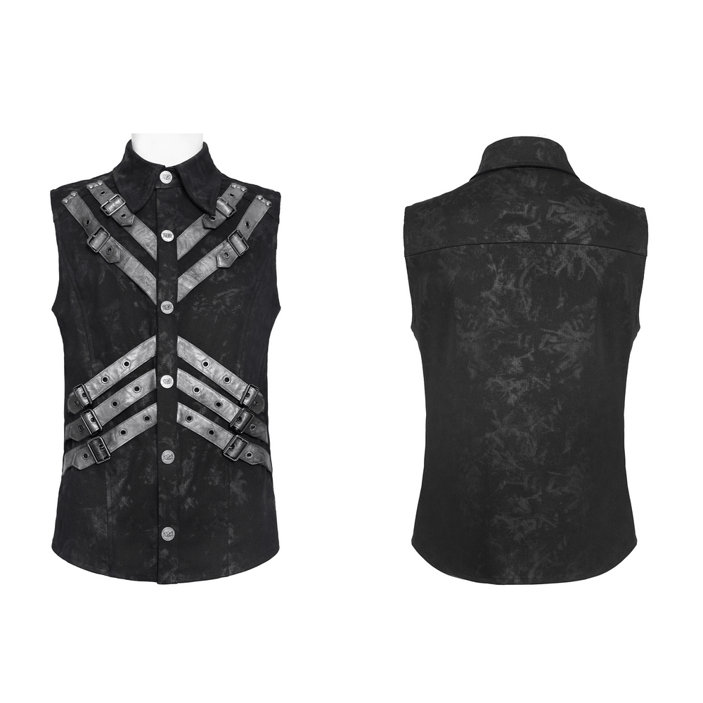 Industrial Gothic Buckle Strap Sleeveless Shirt featuring harness style straps and distressed black finish.