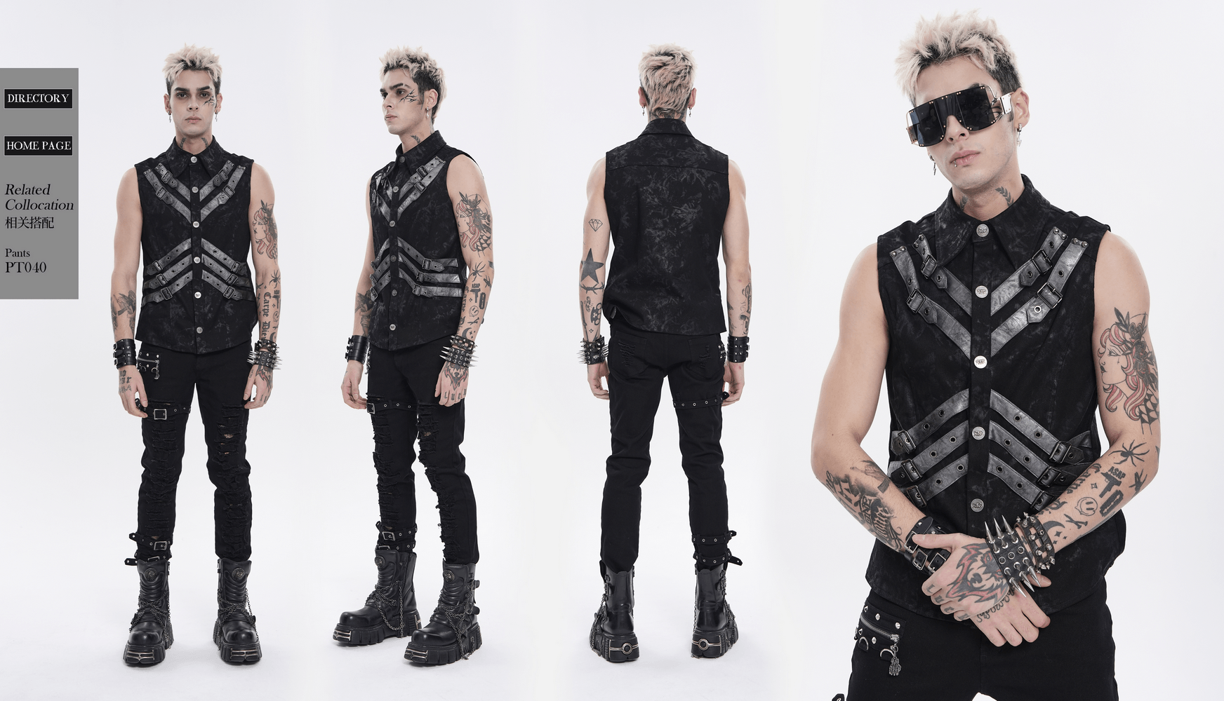 Industrial Gothic Buckle Strap Sleeveless Shirt worn by model, showcasing stylish buckle straps and punk flair.
