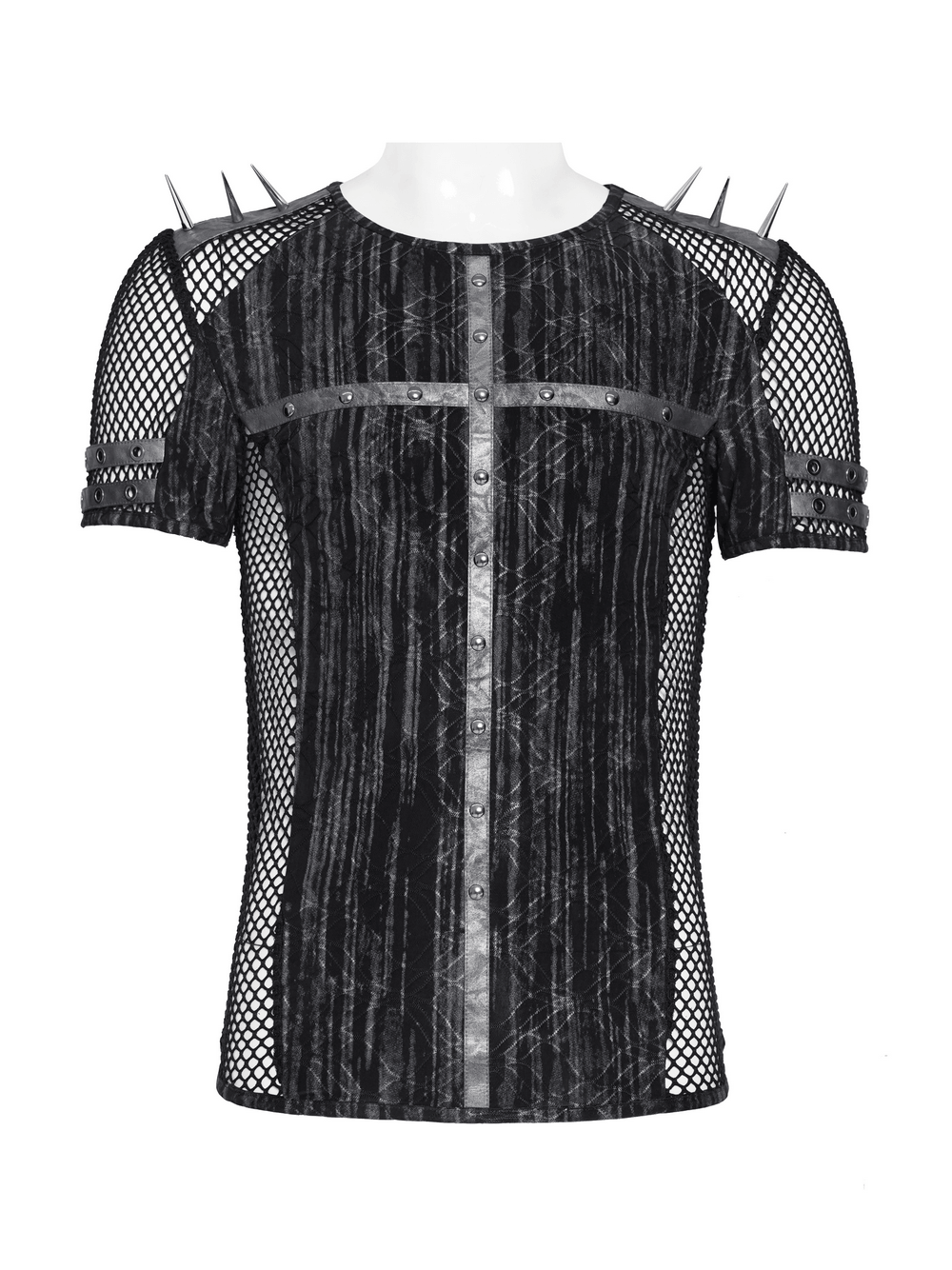 Camiseta de Malla Punk Industrial con Detalle de Cruz con Tachuelas