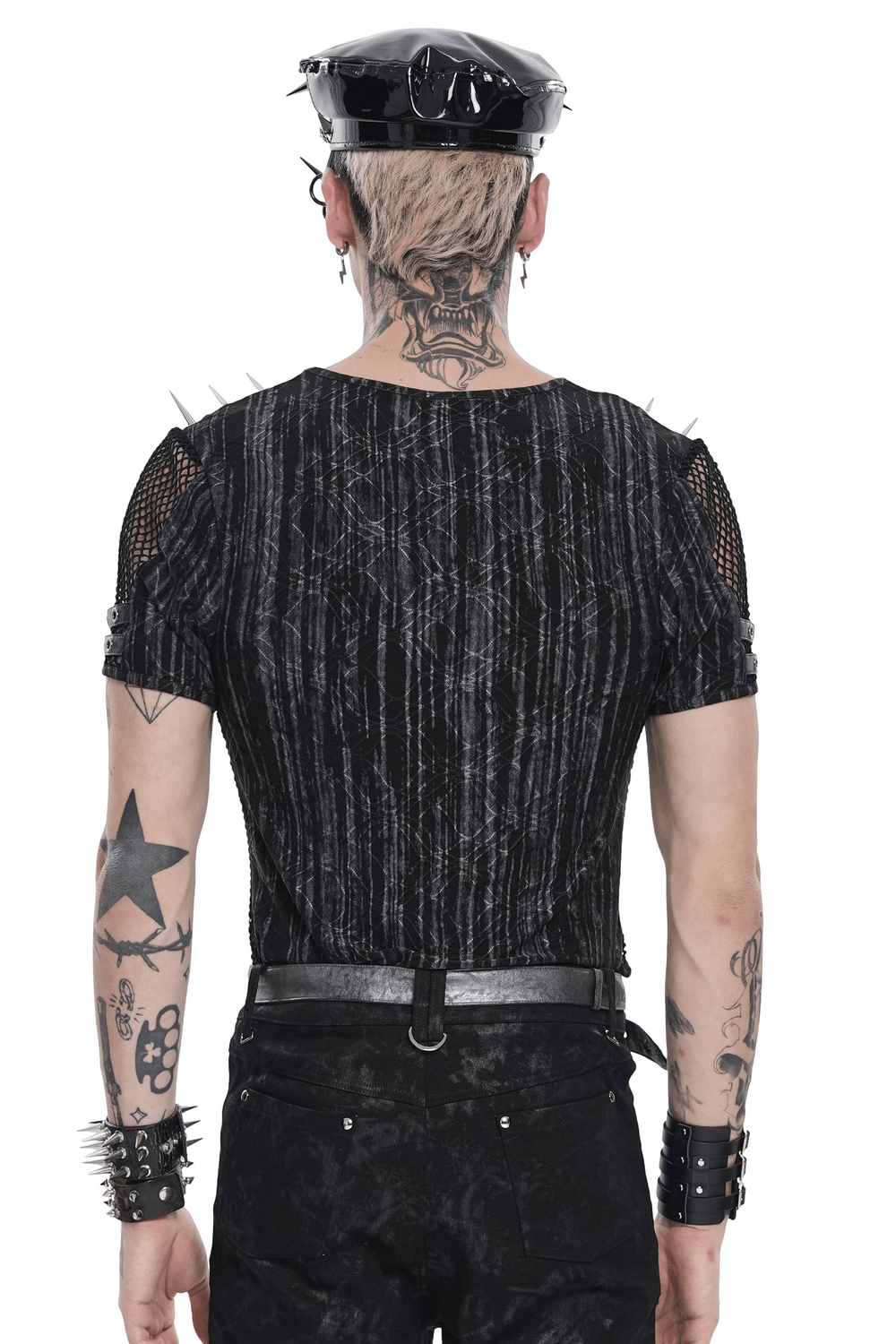 Camiseta de Malla Punk Industrial con Detalle de Cruz con Tachuelas