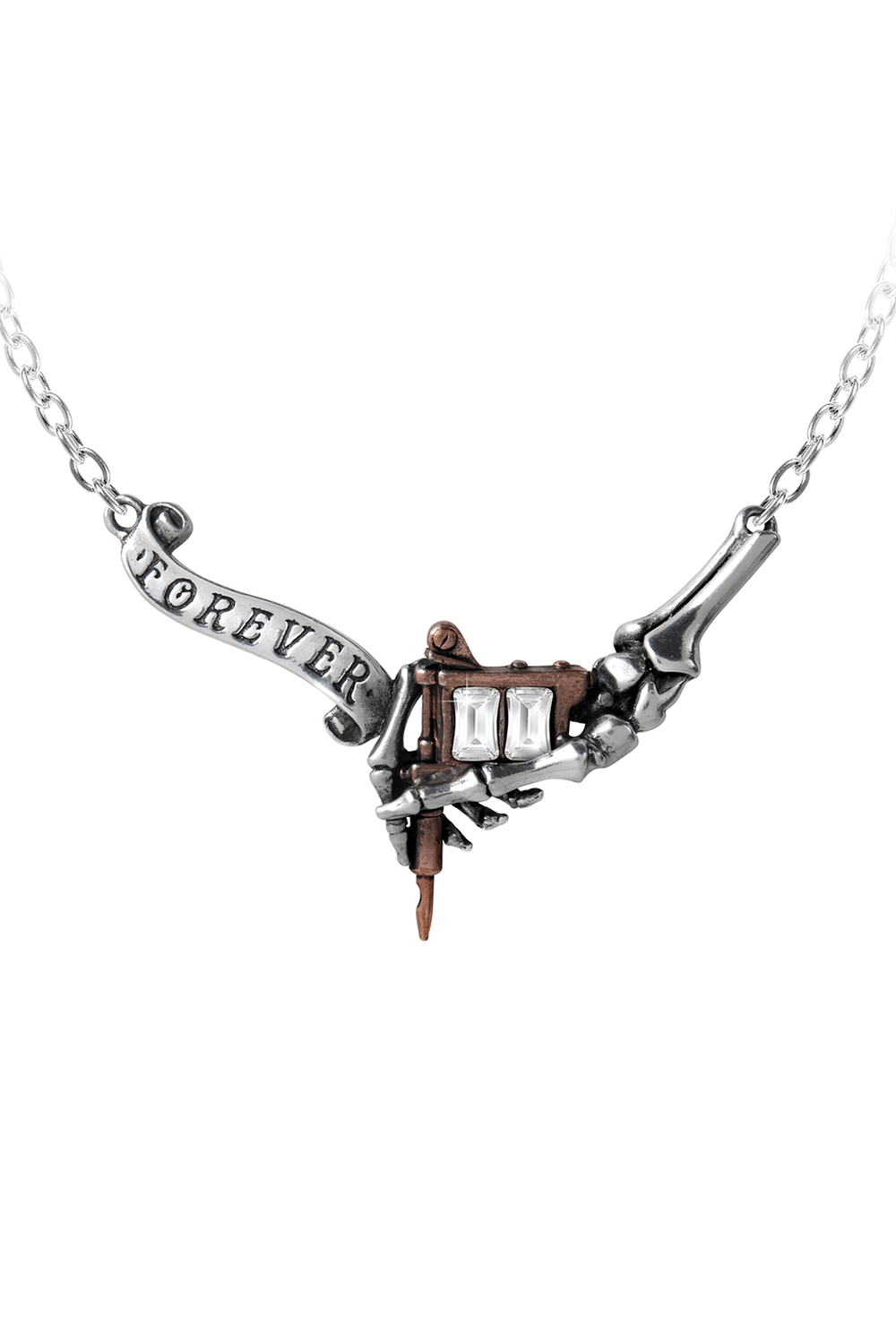 Inked Skull Necklace with Ribbon Forever and Crystals featuring a detailed skull and skeletal hands design.