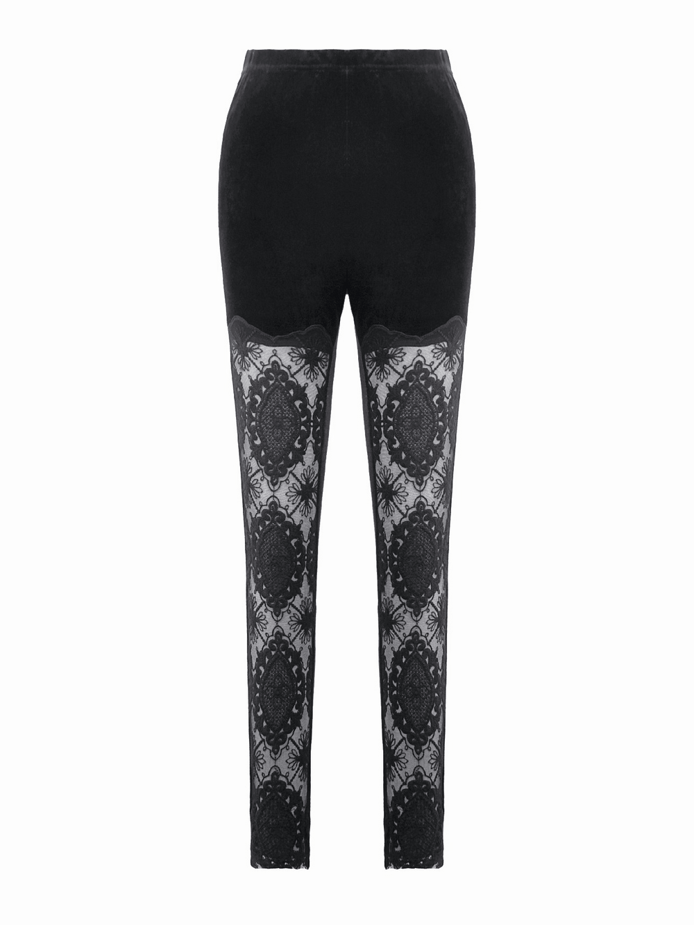Intricate Black Lace Panel Leggings for Alternative Style featuring elegant lace inserts and a gothic silhouette.