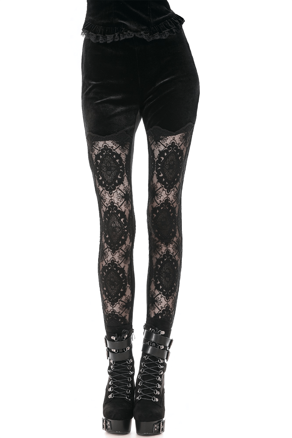 Intricate Black Lace Panel Leggings for Alternative Style showcasing elegant lace panels and a sleek gothic look.