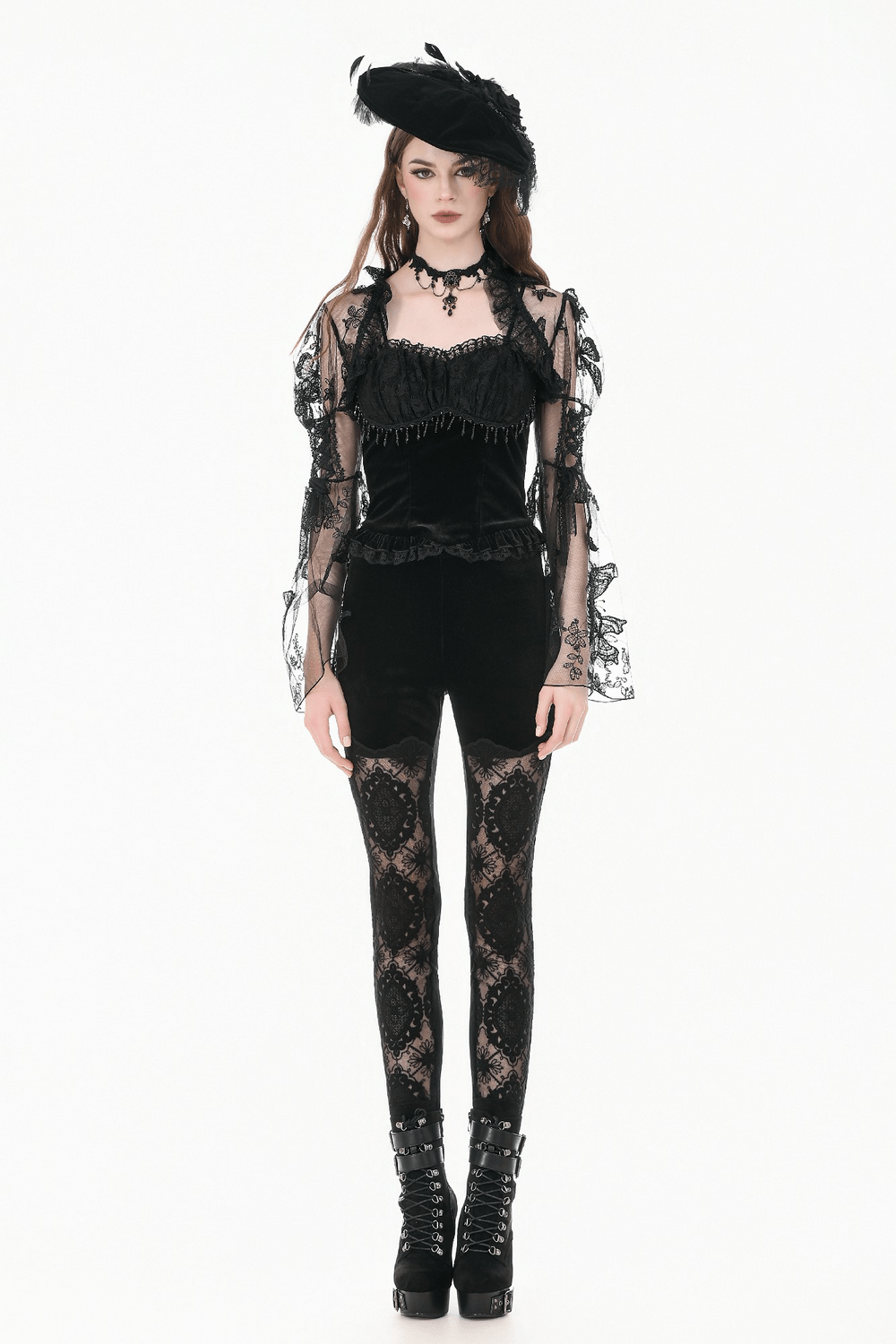 Intricate Black Lace Panel Leggings for Alternative Style worn with a gothic top and accessories.