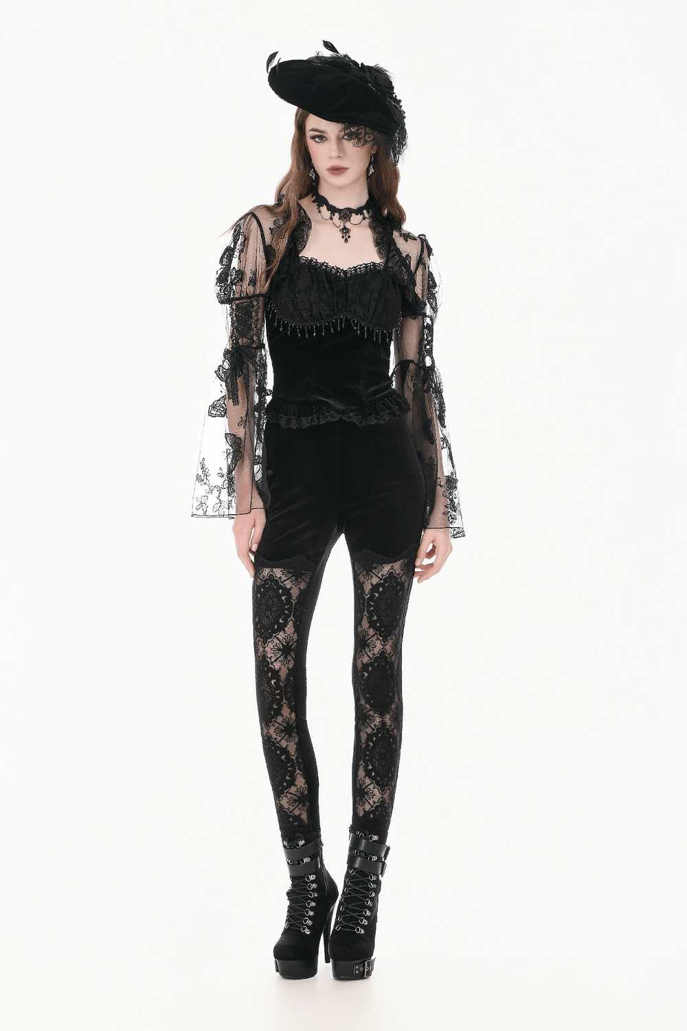 Model showcasing Intricate Black Lace Panel Leggings for Alternative Style with gothic accessories and elegant detailing.