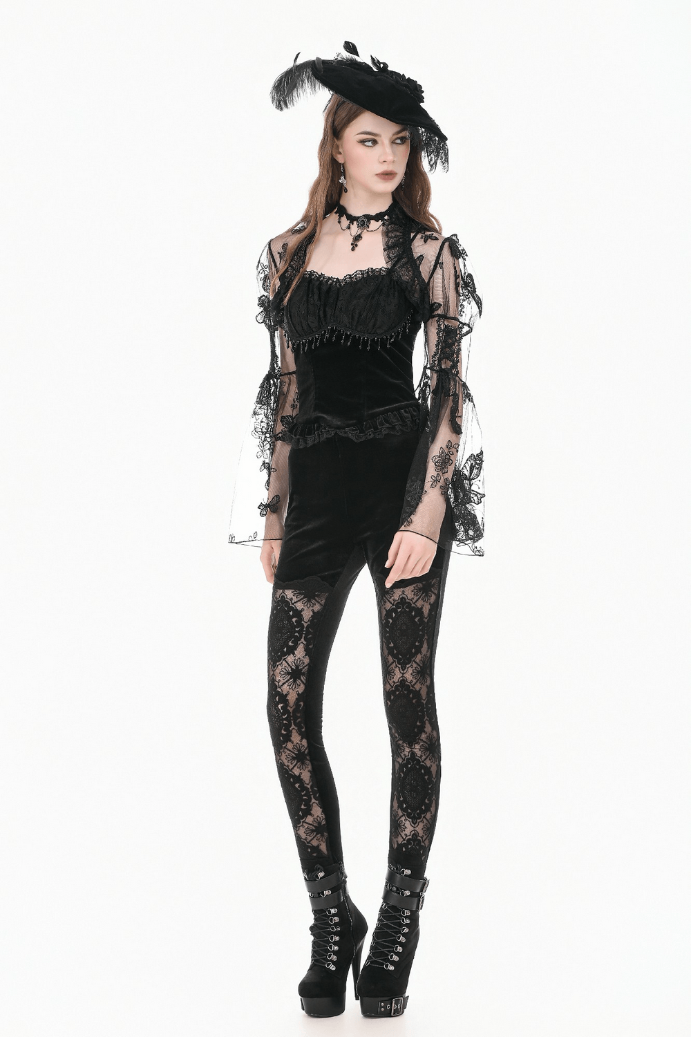 Intricate Black Lace Panel Leggings for Alternative Style with elegant gothic details.
